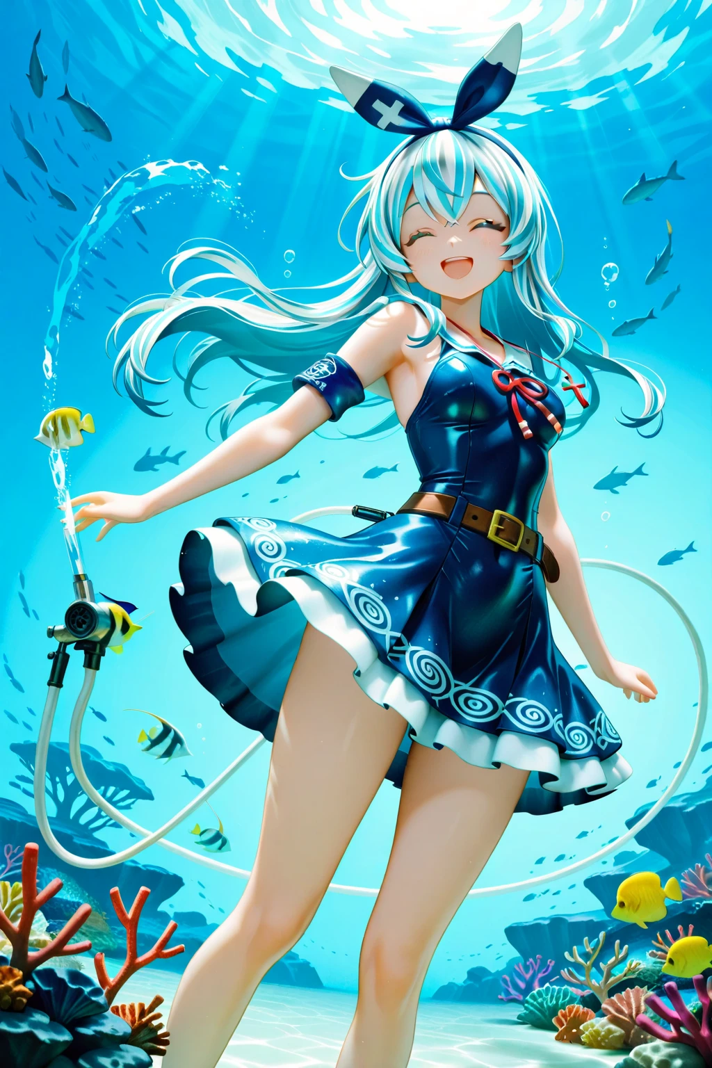 (nod、neon), (white seraph, face, (red cell frame glasses)、(white skirt)、(white stockings),(green Eyes:1.2),(big eyes:1.6), ,Drunk,(tilt one's head:1.3),(doe-eyed:1.1),(smile:1.5),((blush)),,((contrasted:1.5)),((Anime painting)),,(EnvyBetterHands, QuickHand),(angled, sharp, edgy, piercing, fierce),(looking at viewer),,((slant eyes:1.5)) , ((masterpiece, best quality,Highest quality、High resolution,8K,ultra-detailed face,アニメ,ultra-detailed eyes,ultra-detailed hands,ultra-detailed fingers,ultra-detailed hair,ultra-detailed hands, shiny skin, Silky Pale White,アニメ))(in water:1.4),Ocean,School of small fish,Light,bubble,jellyfish,Ocean algae,Red fish,Yellow fish,Deep Ocean,fantasy,Ocean bottom,float,(underwater city:1.4),smile:1.3,