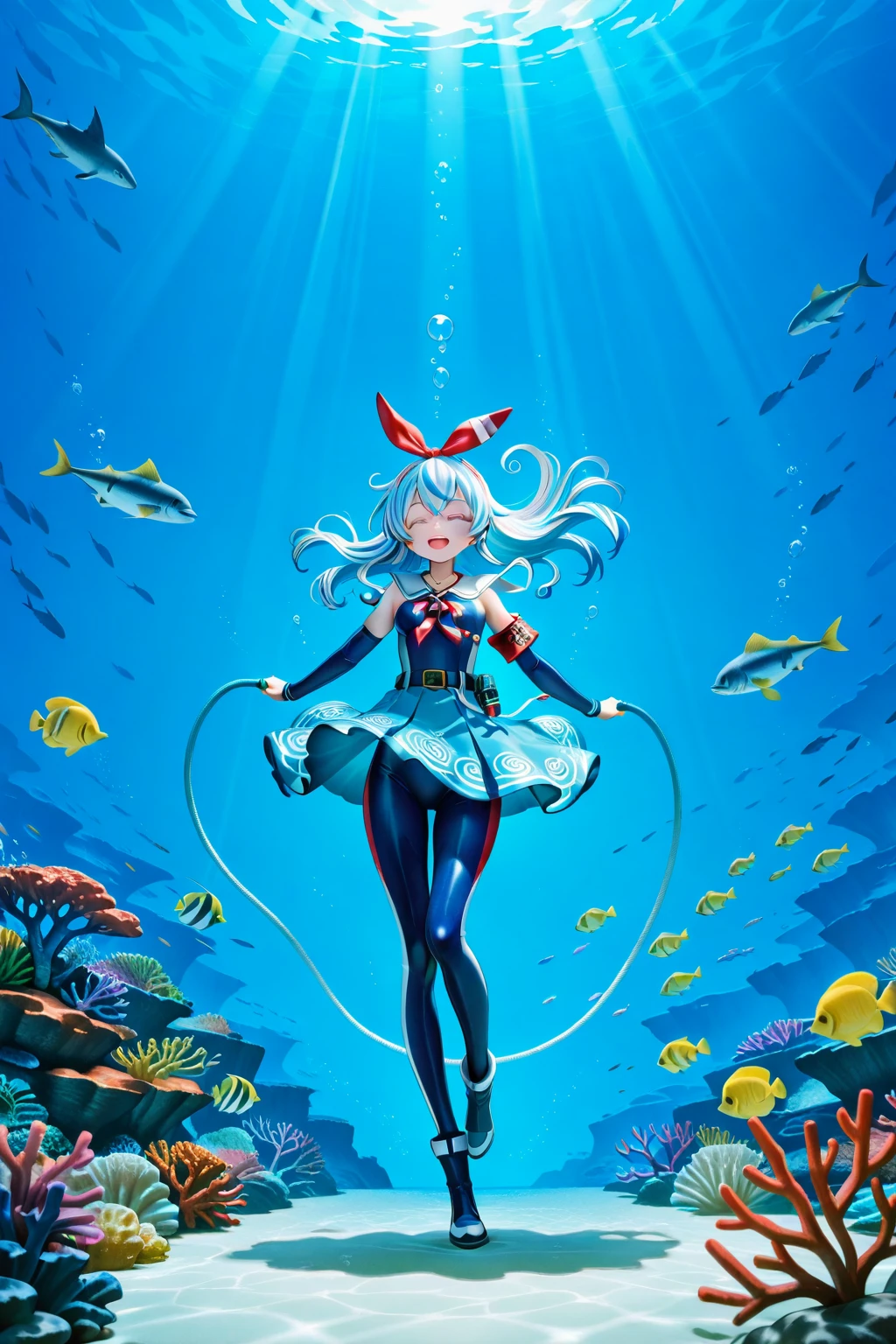 Beautiful dark magician girl，side view，look down， (masterpiece: 1.2, best quality), (Dynamic poses), Anatomically correct:2，swim:2，diving，Underwater scene, Spit bubbles, bubbles，bubbles， Thin lace gloves, Large pelvis, blue ocean,realistic, 3D, diving, diving, diving, diving, diving, diving, diving, diving, diving, diving, diving，Skin Texture，movie level lighting