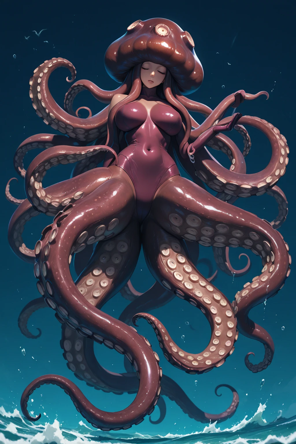 Italian actress Monica Belluci semi-naked, wet and surrounded by hundreds of giant white tentacles, seductive, lascivious look, excited