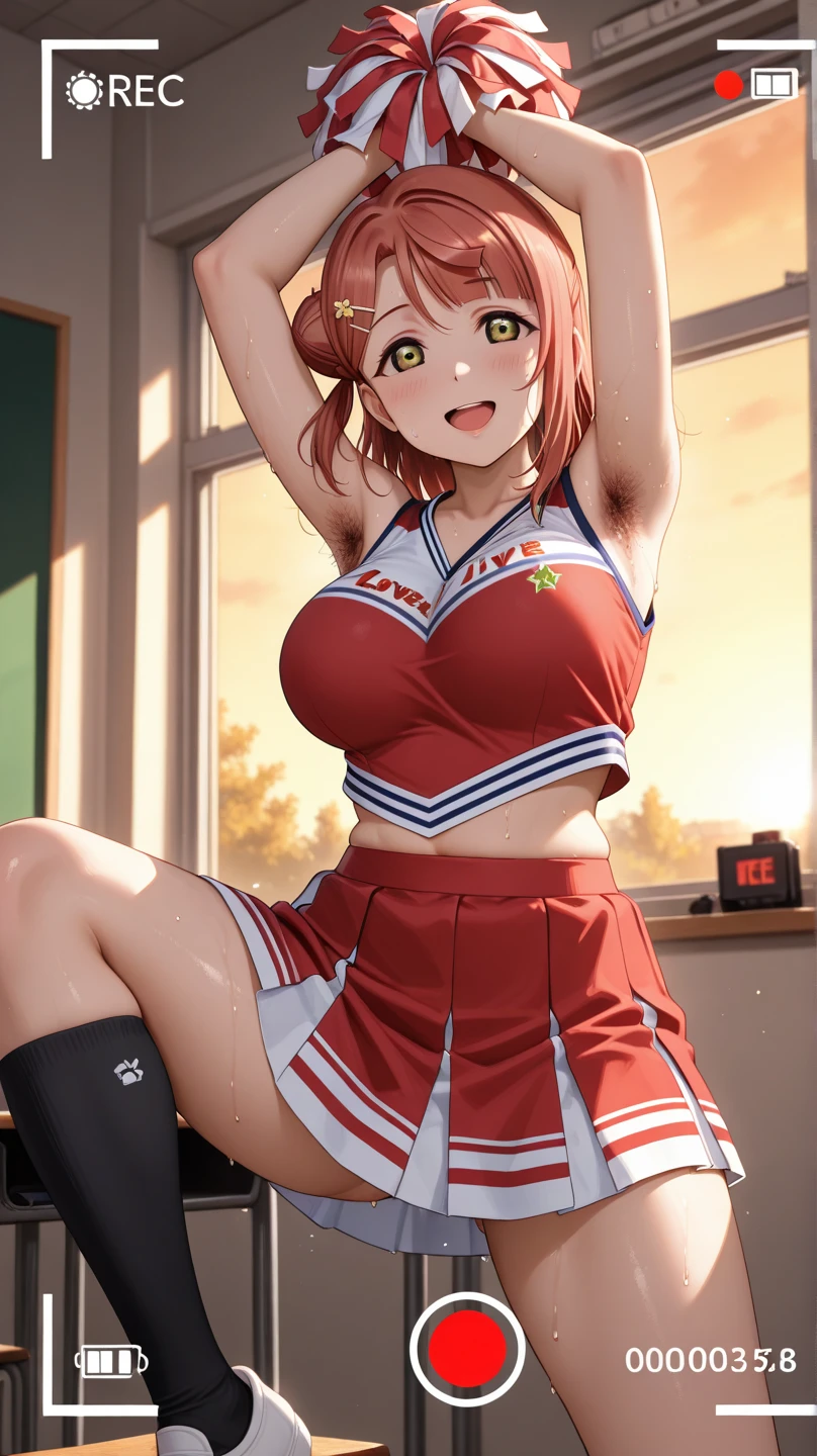 Satsuki Nakano, Itsuki Nakano, pom pomを両手で持っている,blush,open your mouth,smile,bangs, blue eyes, hair between eyes, Ahoge, redhead, star \(symbol\), hair ornaments, star hair ornaments,Braid,(Very delicate eyes), (Cheerleader), (whole body), big breasts, lower, (sweaty), sweaty Wet Clothes, (red clothes), , navel support, playground, (jump), (jump), 足を曲げてjumpする, air, blue sky, Grass原, smileのCheerleader, pom pom \(Cheerleader\), Grass,
break outdoors, arena,playground,
break (masterpiece:1.2), highest quality, High resolution, unity 8k wallpaper, (shape:0.8), (beautiful and detailed eyes:1.6), highly detailed face, perfect lighting, Very detailed CG, (perfect hands, perfect anatomy),