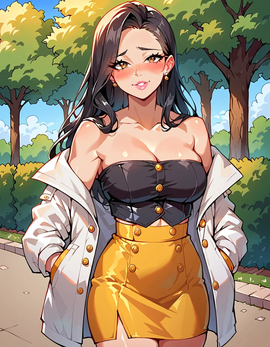muscular huge breasts thick sunny sky clouds black hair yellow eyes sundress black hair yellow eyes pale skin solo happy