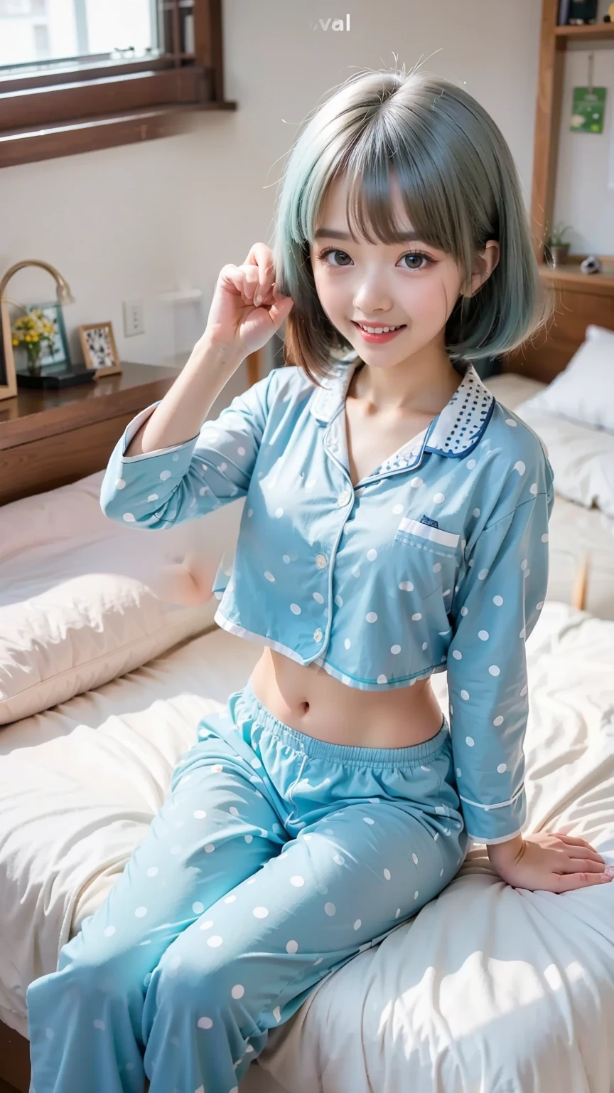 (masterpiece, top quality, best quality), Reality、Ultra High Definition、girls, pajamas, Polka dot pattern, cute, summer, bed, sitting、Sunshine, anime style, high resolution, Super Detailed、Yawning、 Awaken、Raise the Extend one hand a lot、big breasts、 cleft、belly button、だらしないpajamas、tousled hair、(Detailed Handshake:1.3, Perfectly Right Hands:1.3)
