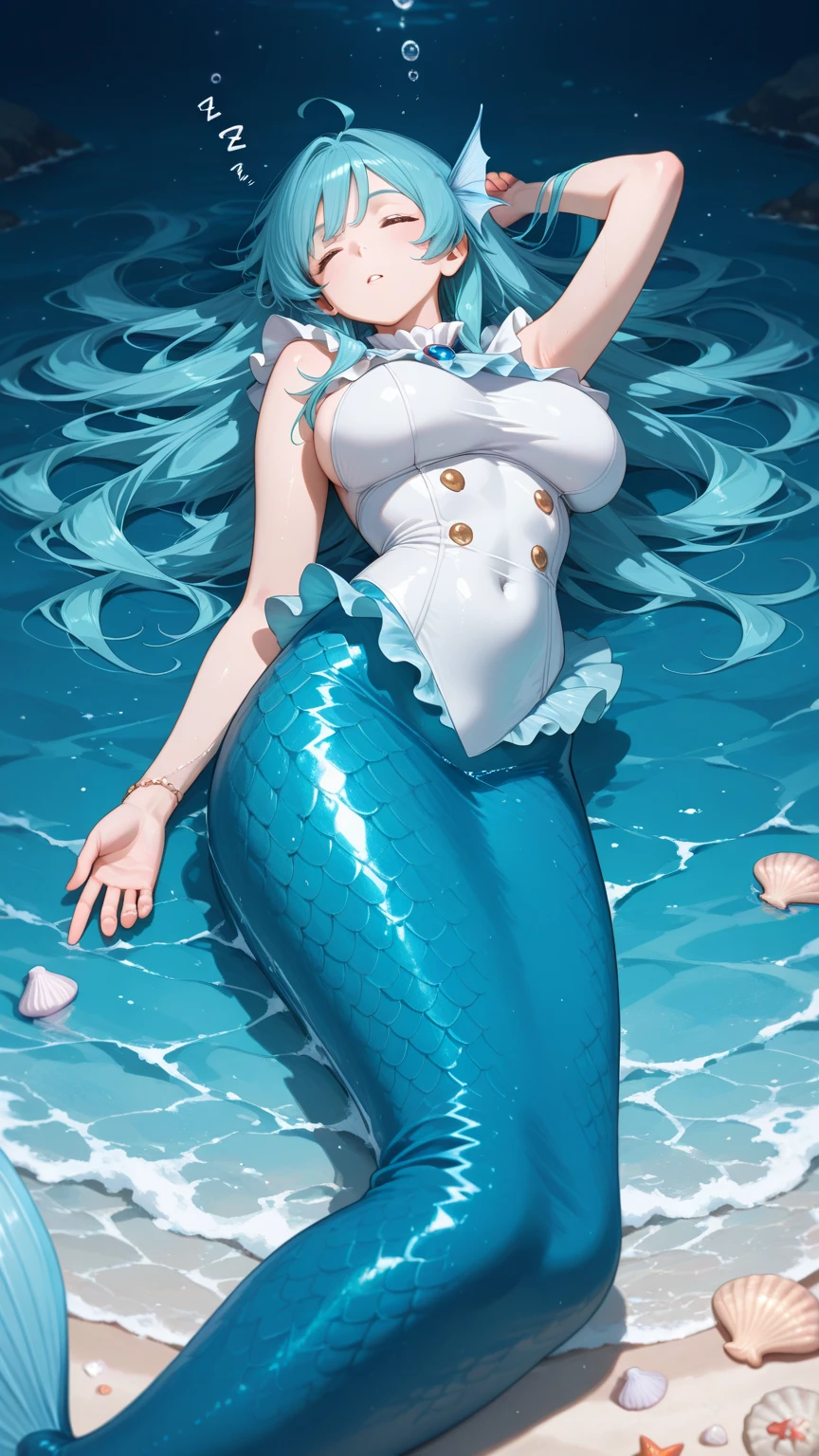 leaning on huge stone, drenched, 1 girl, young, heart, large breasts, white skin, white bikini, the lower body is a fish, under water, underwater forest, wallpaper 8k CG,