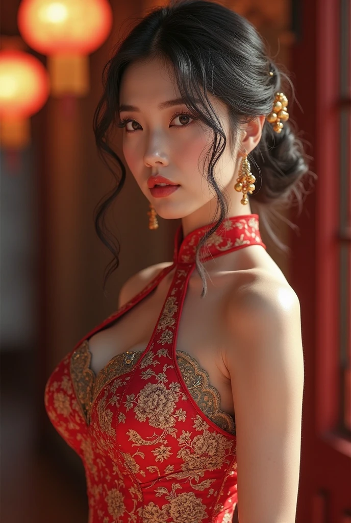 high resolution, adult woman , good lighting, despicable, , (no nudity), (((chinese dress))), (()), ((())), (garter belt), just abdomen, (), , cute face, yo'I'm embarrassed and blushed, humiliating, ((Turn around and look back)), ((transparentes))()(T-back)(a large amount is in the body,)