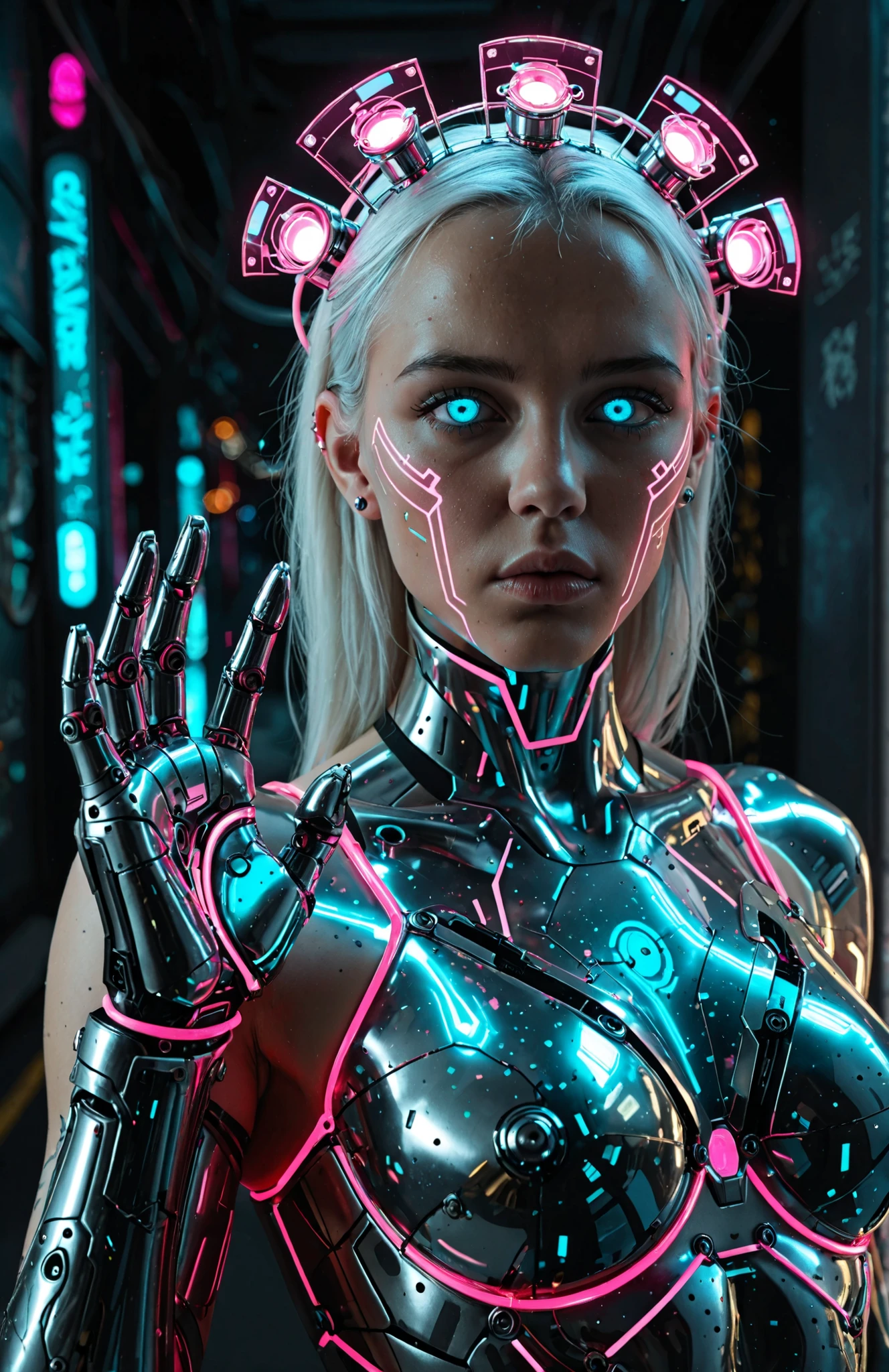 Full body. An ultra hot gorgeous European woman covered in loose clothing. Red cotton veils. Large breast. ((Her face is hidden behind a futuristic helmet )).A sci-fi image. In an aseptic setting. Blue hues.
