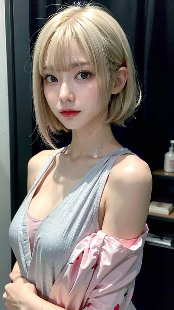 (8K quality、High resolution、Ultra-detailed、最high quality、masterpiece、high quality、Perfect dynamic composition,Gravure photo、Realistic:1.3)、Perfect lighting、One Woman、Detailed face、Detailed skin、Detailed eyes、Beautiful Face、Big Breasts、Grey Eyes、Blonde、Blonde、Blonde、Ultra short hair、Bowl cut hair、camisole、Emphasize the cleavage
