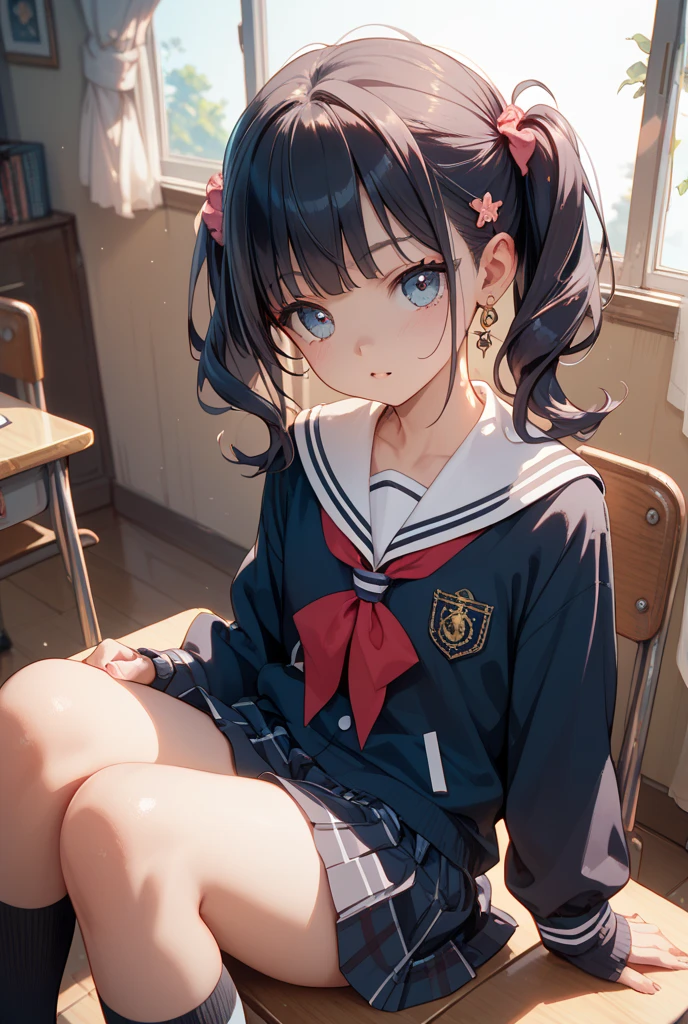very cute and beautiful girl,(highly detailed beautiful face and eyes), (smile),blush,serafuku,pleated navy blue mini skirt,black hair,twin braids,sitting,(spread legs,white panties), wooden classroom,window,distant trees and town, (best quality,masterpiece:1.0),absurdres,highres,ultra-detailed,extremely detailed,32k,8k resolution, intricate details,cinematic scene,detailed background,solo,dynamic angle,