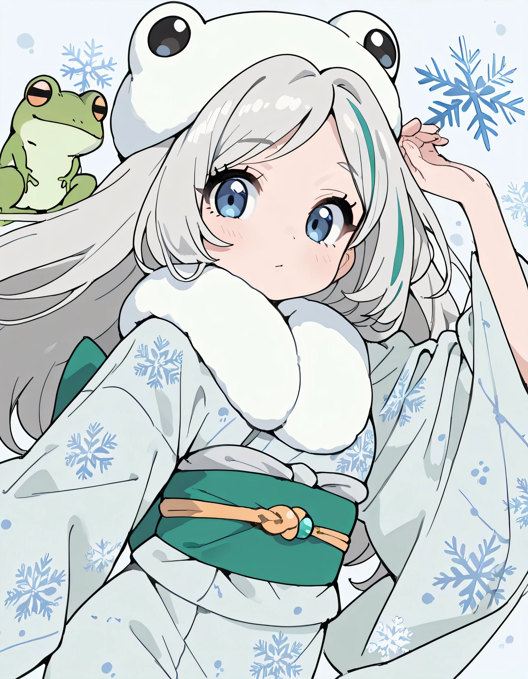 sideview,(dynamic angle,dynamic model pose),(looking at viewer),solo,upperbody,(pokemonmelony), blue eyes, eyelashes, tareme,long hair, multicolored hair, streaked hair, grey hair,japanese pastel blue Snowflake print kimono,(((with cute green frog))),soft lineart, flat color,memorial shot,japanese traditional town scene,