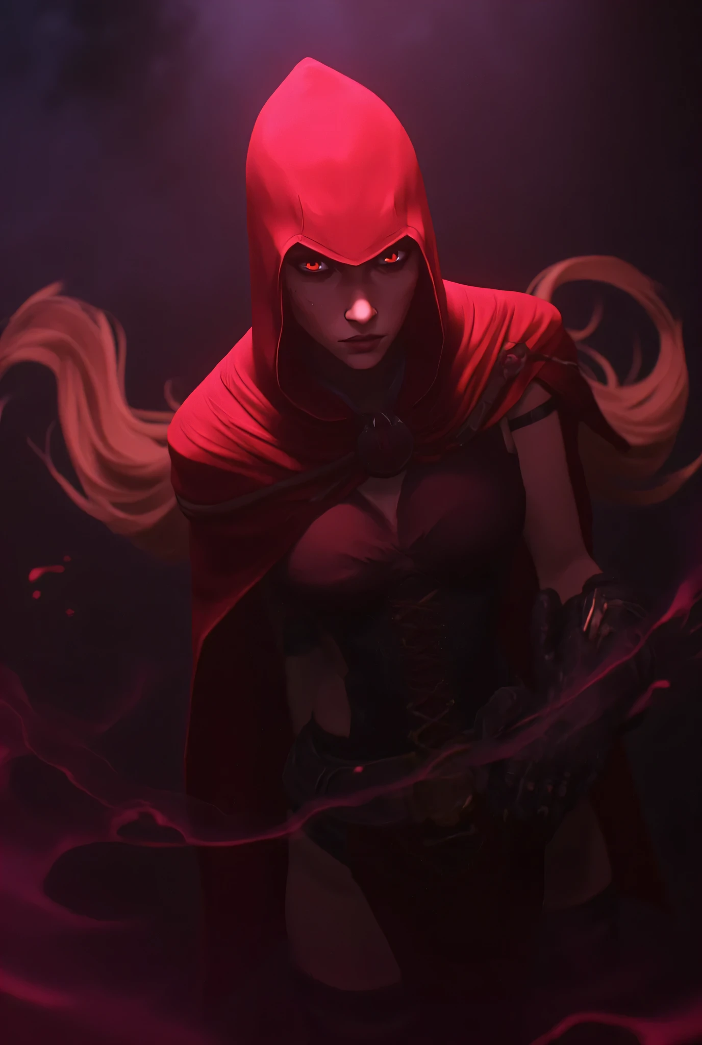 assassin's creed era, assassin's creed hood, woman,, dark and mysterious, intense., best composition, riding hood, blonde hair, very long hair, red eyes, black corset, red hood, from above, hoodie coversing up her whole face , full body image, anime , full body image , tall , holding black power energy around her body, anime, use energy magic, gauntlet