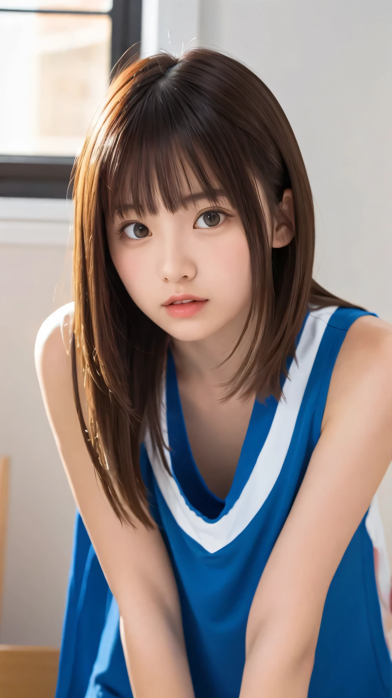 (masterpiece, top quality, 8k), 1 girl, 10th Generation, Full Body, Alone, cute, Girly, delicate girl, cleft, Original photo, Looking Up at Viewers, downblouse, Professional Lighting, backlight facing the front, Sleek Design, film grain, (Detailed Eyes and Faces :1.1), medium length floating hair placed on a desk, beautiful flowing hair, Side Bang, Basketball Club Manager,