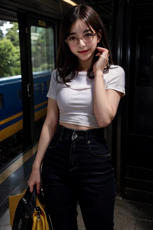 Cute dark skin toned Chinese girl wearing glasses, has a bladder bulge, wearing tight jeans shorts