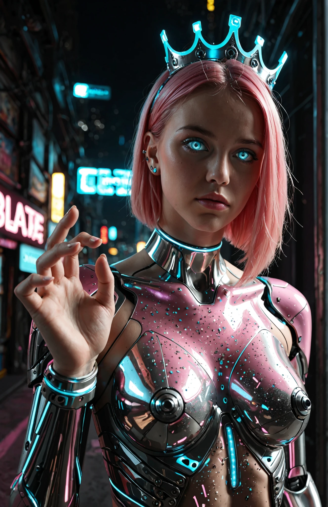 HDR, 8K resolution, intricate-detail, sophisticated detail, Depth of field, photorrealistic, sharp focus, analog RAW DSLR photography, photorrealistic, looking ahead at viewer, retrato em close, 1 girl, smiling, Tron sci-fi cyberpunk background, neon, ((sexy neon dress)), shorth hair, neon hair, shiny dress, (bright pink eyes:1.2), 