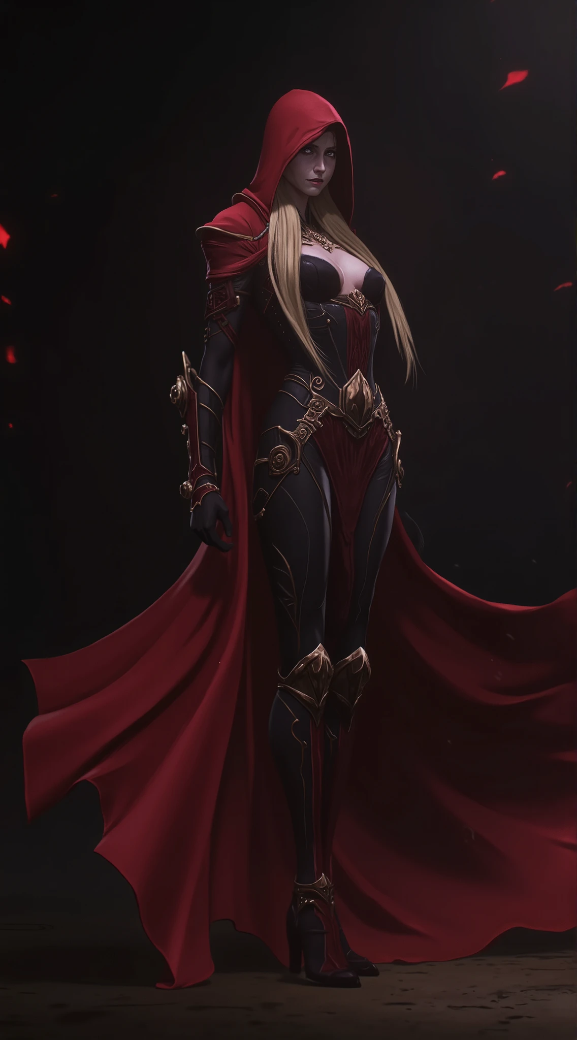 assassin's creed era, assassin's creed hood, woman,, dark and mysterious, intense., best composition, riding hood, blonde hair, very long hair, red eyes, black corset, red hood, from above, hoodie coversing up her whole face , full body image, anime , full body image , tall , holding black power energy around her body, anime, use energy magic, gauntlet , full pants armor , hoodie over face