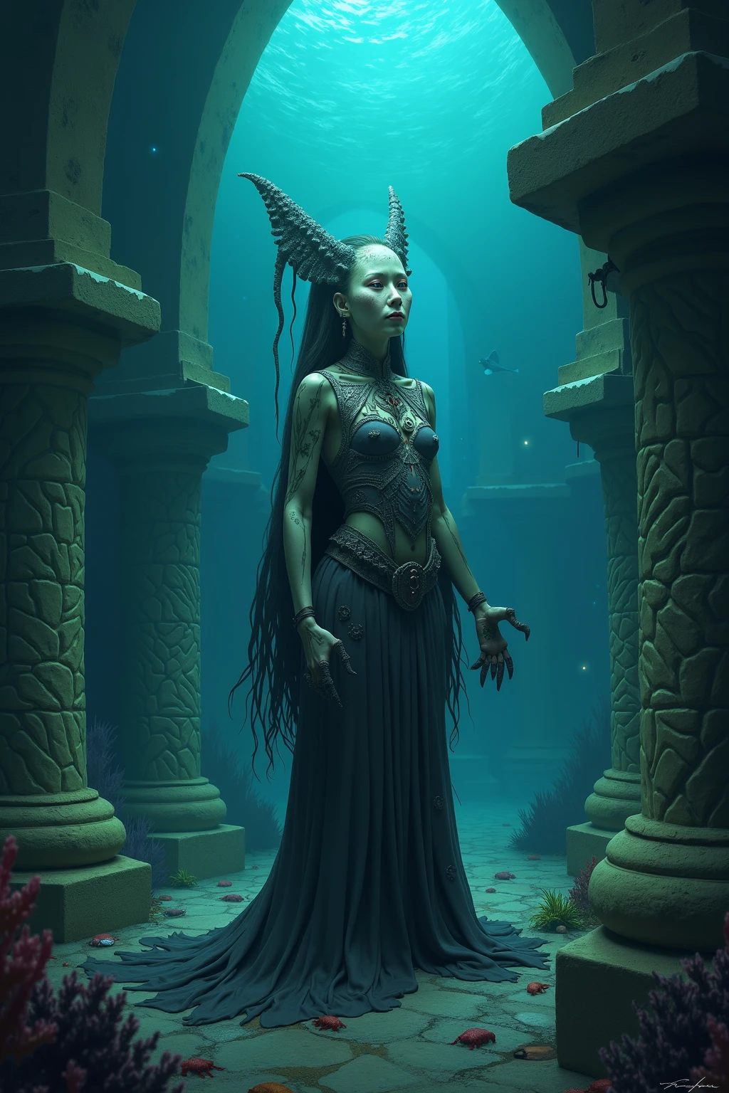 A deep-sea scene featuring a partially sunken, creepy statue of an ancient deity. The statue is covered in algae, barnacles, and marine growth, giving it a decayed and eerie appearance. Surrounding it are remnants of old, rusted machinery, adding to the submechanophobia effect. The water is murky, with rays of dim light filtering through, creating an unsettling and haunting atmosphere.
