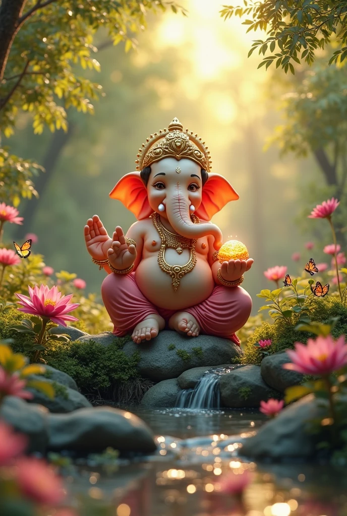 a little lord ganesha sitting on his vehicle mushak at the lakeside covered in a lush green forest, detailed intricate hindu deity sculpture, highly detailed hindu spiritual symbolism, very detailed lotus leaves and flowers, beautiful detailed eyes, extremely detailed face and features, high quality 8k, photorealistic, cinematic lighting, warm color palette, magical atmosphere