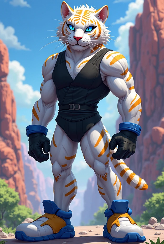 [Master Tigress], [Kung Fu Panda], ((masterpiece)), ((HD)), ((high res)), ((solo portrait)), ((full body)), ((front view)), ((furry)), ((beautiful render art)), ((soft shading)), {tigress; (slim figure), (cute eyes), (detailed red iris), (curvy hips), (defined abs), (detailed muscles), (beautiful legs), (frown), (annoyed expression)}, {(wrapped in bandages), (bandage bandeau), (cleavage), (navel), (red kung fu pants)}, {(standing), (intimidating glare), (looking at viewer)}, [Background; (mountains), (waterfall), (steam), (fog), (blue sky), (sun rays), (ambient lighting)]
