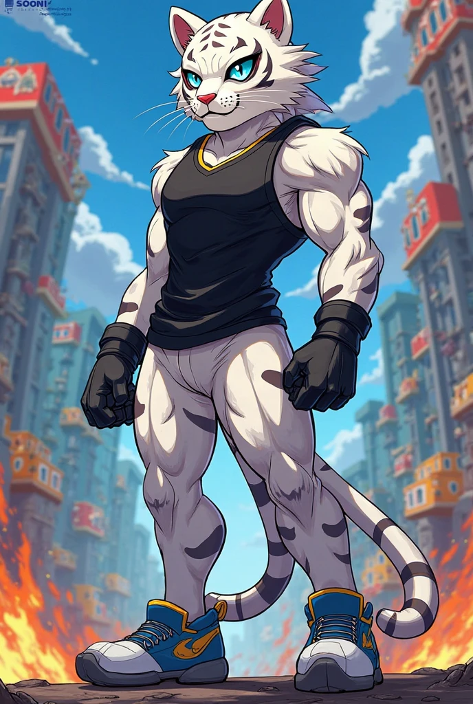 mercenary (grimoire of zero), anthro tiger. 4k, high resolution, best quality, posted on e621, solo, full height, anthro body, older male, masculine:1, male, very masculine, slim, ripped:1 muscles, (correct anatomy):1, (white background, no background:1.2), (bare torso:1.1), white fur, bare chest, (wearing shorts), paws, big:1 paws, thick paws, (detailed eyes:1.2), rough muzzle, sexy, (cel shaded:1.2), (sweat:1.5), visible breath, sweat:1, (watercolors:1.2), confident, proud, (vascular, veins:1.1), (full body):1, flustered, shy, flexing,  muscular, lobo, the second, large pectorals, venous muscles, Huge muscles, flexing, wearing speedo, smilin(by takemoto arashi, by meesh, by Taran Fiddler)