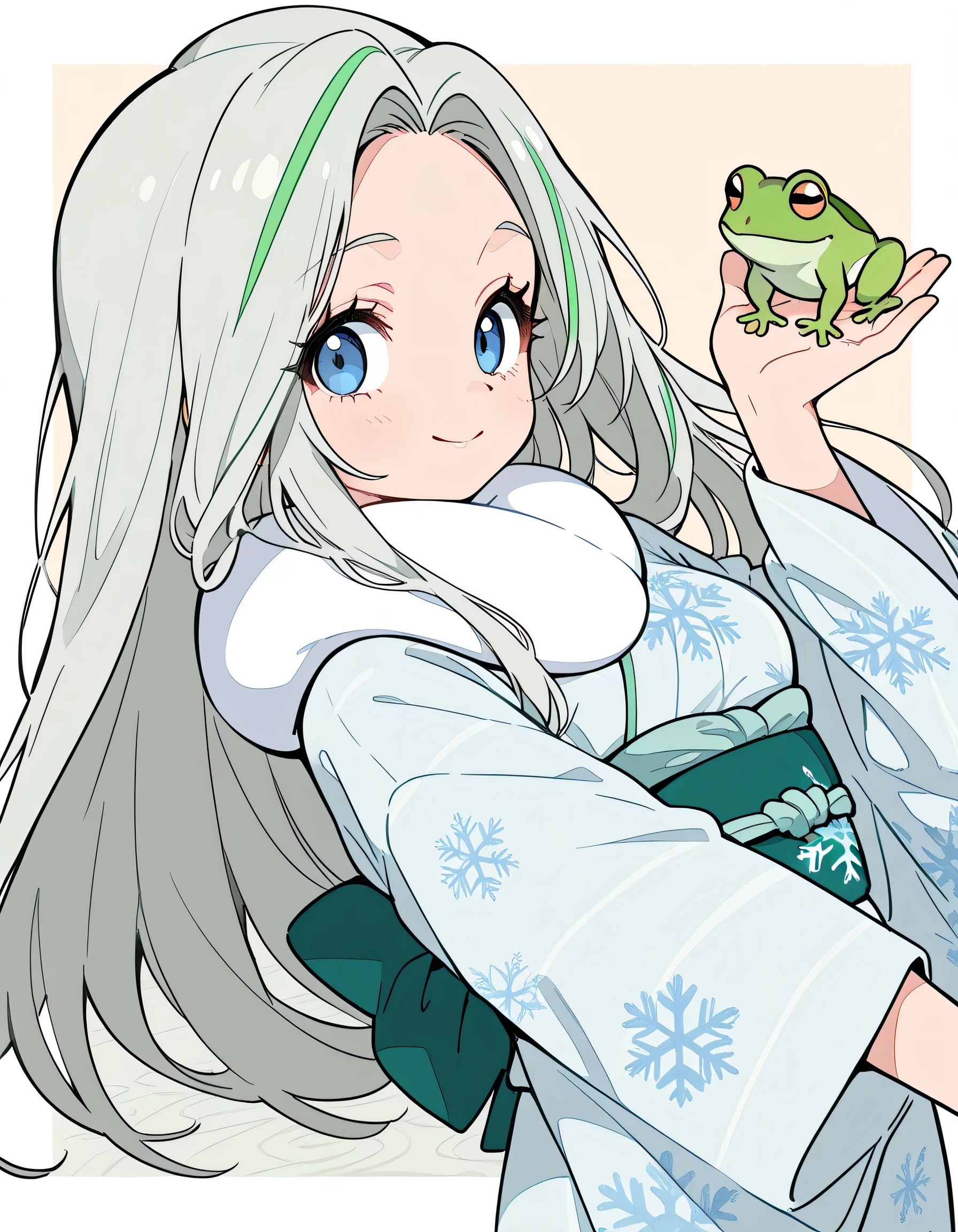 sideview,(((with cute green frog))),(dynamic angle,dynamic model pose),(looking at viewer),solo,upperbody,(pokemonmelony), blue eyes, eyelashes, tareme,long hair, multicolored hair, streaked hair, grey hair,japanese pastel blue Snowflake print kimono,soft lineart, flat color,memorial shot,japanese traditional town scene,smile,