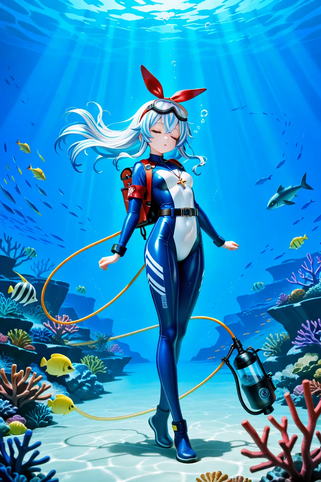 (masterpiece: 1.3), (best quality: 1.3), (high resolution: 1.3), (highly detailed: 1.3), (8k: 1.3), twintails, hair between the eyes, skin_fang, blue eyes, silver hair, , small_tits, (blue bow: 0.8), (leather fangs: 1.2), open mouth, (grinning eyes: 1.1), (bent over :1.1),(outstretched hand:1.3),(partially submerged:1.1 ),(whole body soaked:1.1),(splash:1.1),(sea:1.2),(view:1.2),(from_bottom:1.2), (cinematic_angle:1.2),,astronaut, spacesuit, space helmet, bubble helmet, eva helm,rikka takarada, black hair, blue eyes, short hair, orange scrunchie, scrunchie, wrist scrunchie (thigh thickness:1.3), (muscle:1.2), beautiful, narrow waist, white thigh highs, skin curves, narrow waist, thighs, wide hips, eyeliner, eyelashes, perfect face, detailed eyes, (dark skin: 1.5),,,astronaut, spacesuit, space helmet, bubble helmet, eva helm, bodysuit, pilot suit, plugsuit, (red bodysuit:1.5, bubble helmet space helmet, PLUGSUIT, BODYSUIT