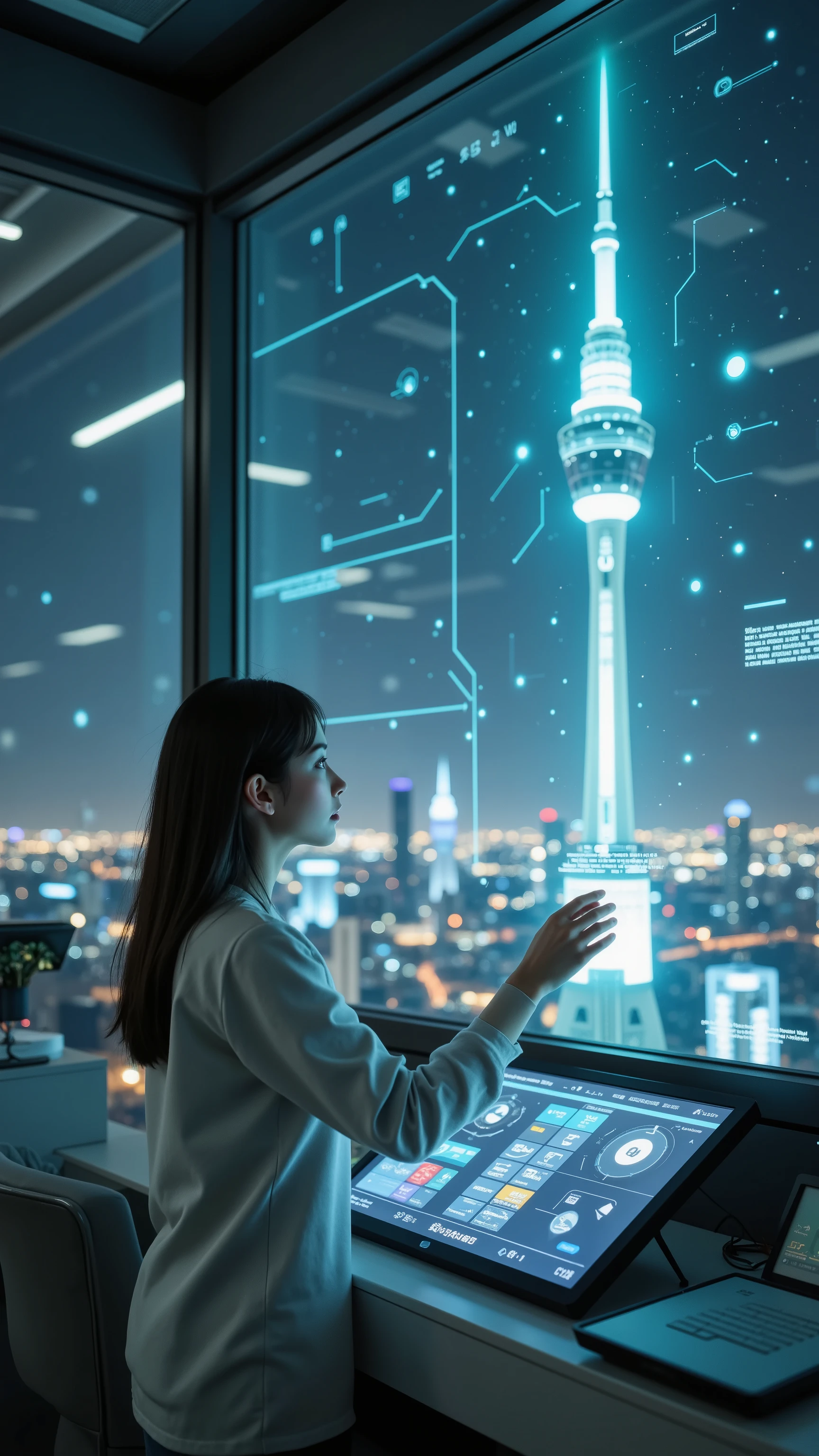 best quality, top quality, masterpiece, (top qualityのGloss黒いタイトなサイバースーツを着たテクノオペレーターの女性)、is connecting neural links to a floating energy tower mainframe console, younger, Babyface, Gloss, The entire city shines on a layer of glass、AI light is illuminated, Viewpoint seen from slightly below , backlight effect, ANIMATED PANEL, Realistic, Physically Based Rendering, Ultra Detailed Description, Professional, Vivid colors, bokeh effect