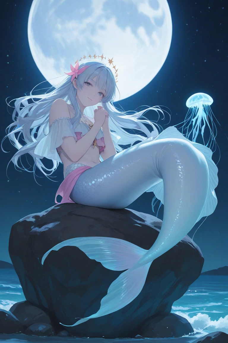 (best quality,4k,8k,highres,masterpiece:1.2),ultra-detailed,(realistic,photorealistic,photo-realistic:1.37), Pretty anthropomorphic albino mouse girl magically transformed into a beautiful mermaid, race swap, fantastic transformation, sharp teeth, is smiling, drawn in anime style, steampunk, fishlike, looks wet, very long curly white hair, red eyes, white fur, slim body, whiskers, mouse ears, mermaid tail below waistline, knee less, shimmering fish scales, pelvic and dorsal fins, a pair of fish gills on her torso, seashells bra, pearl earrings and bracelets, pearl necklace, joyful expression, playful mermaid poses, sparkling water, water reflections, ethereal atmosphere, subtle glow, whimsical and enchanting, resting on a rock, ocean surface, Highly detailed, masterpiece, high quality, 4K.