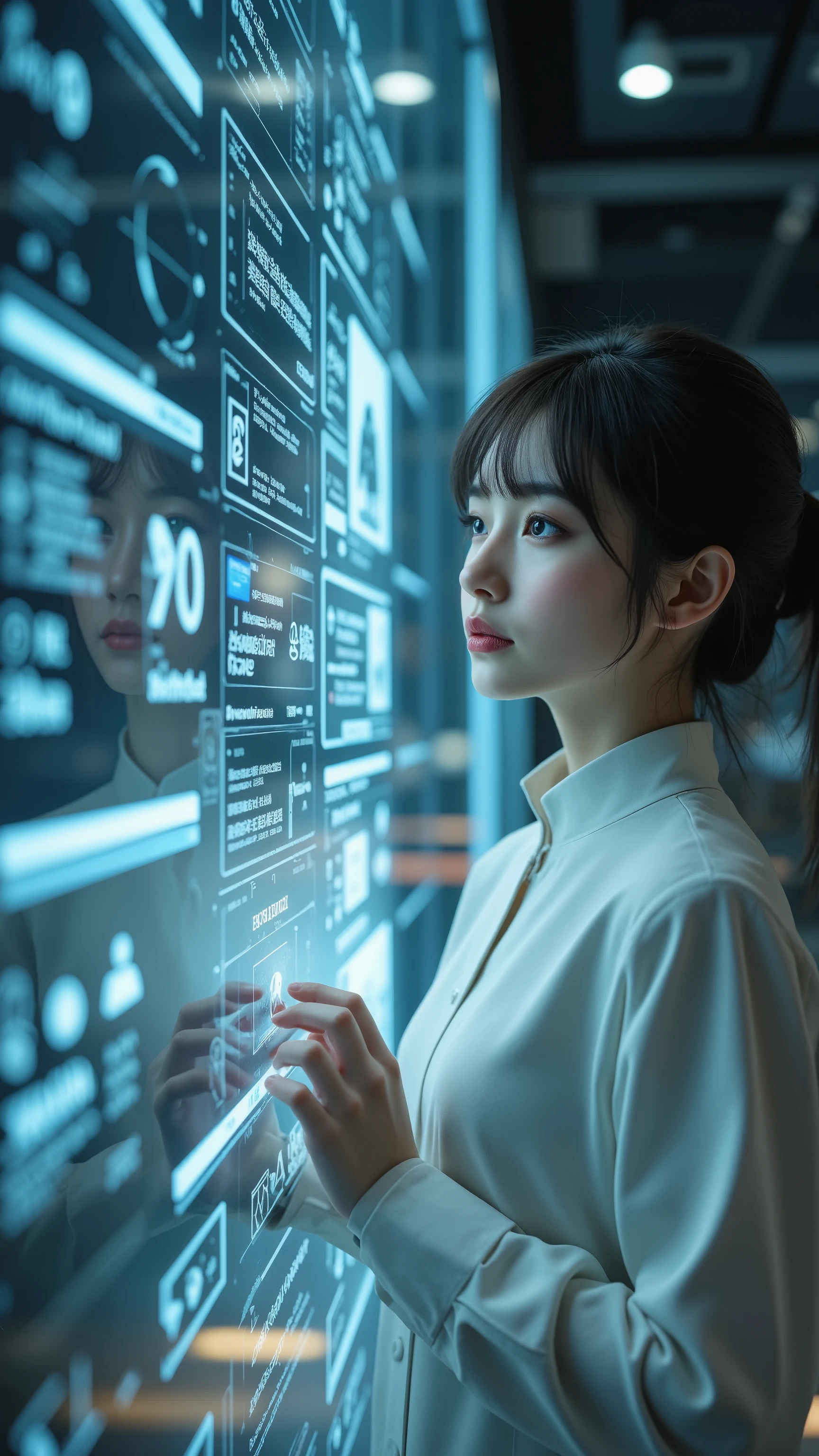 best quality, top quality, masterpiece, (top qualityのGloss黒いタイトなサイバースーツを着たテクノオペレーターの女性)、is connecting neural links to a floating energy tower mainframe console, younger, Babyface, Gloss, The entire city shines on a layer of glass、AI light is illuminated, Viewpoint seen from slightly below , backlight effect, ANIMATED PANEL, Realistic, Physically Based Rendering, Ultra Detailed Description, Professional, Vivid colors, bokeh effect