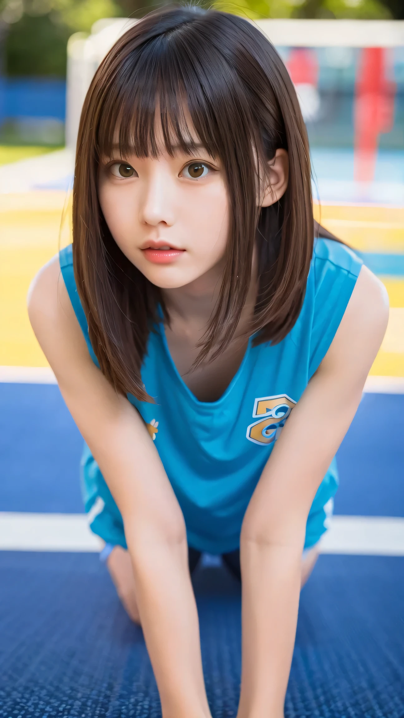 (masterpiece, top quality, 8k), 1 girl, 10th Generation, Full Body, Alone, cute, Girly, delicate girl,  cleft, Original photo, Looking Up at Viewers, downblouse, Professional Lighting, backlight facing the front, Sleek Design, film grain, (Detailed Eyes and Faces :1.1), medium length floating hair placed on a desk,  beautiful flowing hair, Side Bang, Basketball Club Manager, Lie facedown on a mat