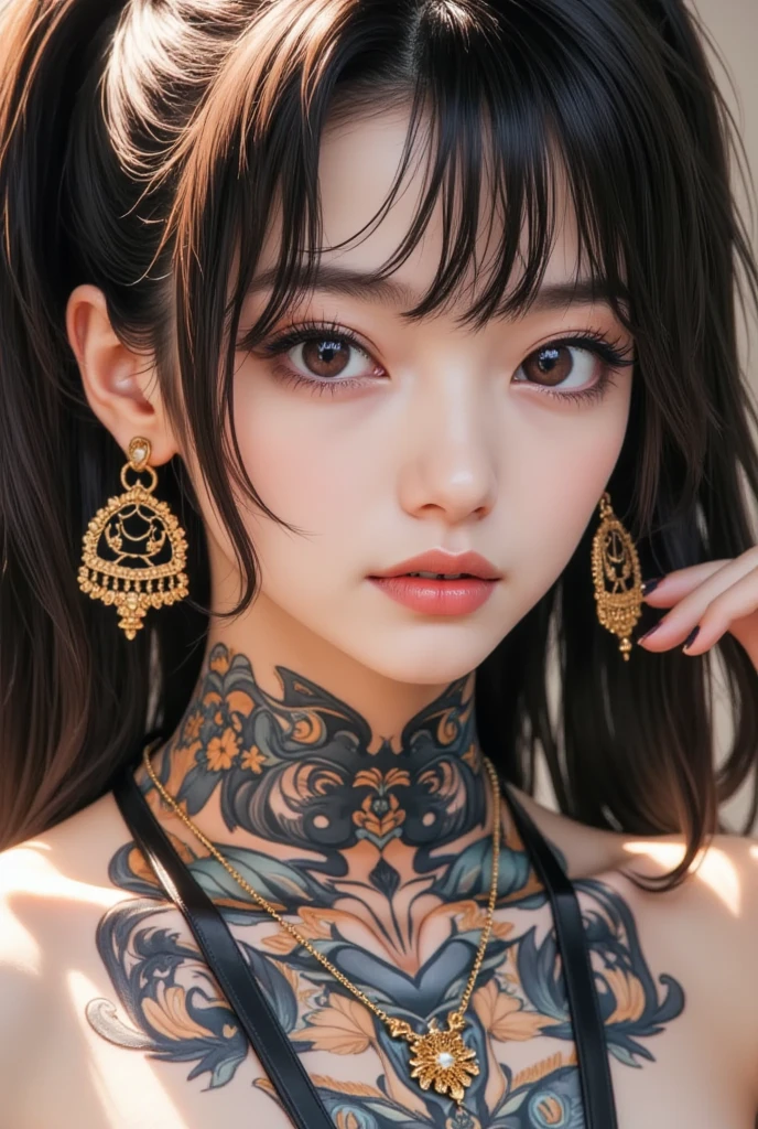 Professional drawing with colored pencils. A heavily tattooed geisha, With a strange expression and a large knife in his hand. Japan and European style. Moderate nuance color, Contrasting colors. Some doodle style and vector art. ((Best Quality))
