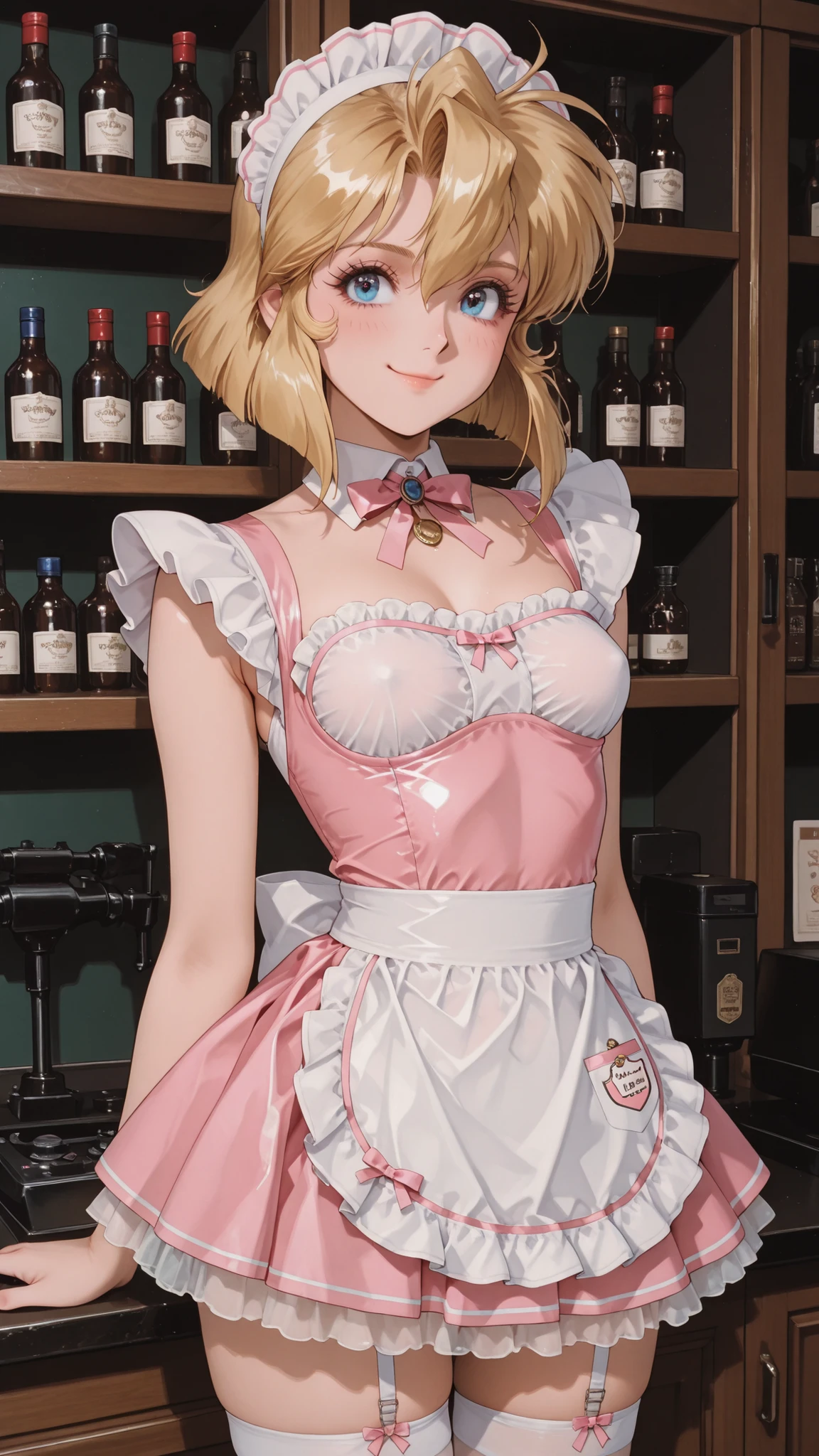 1girl , solo ,  Minnie May（Gunsmith Cats）、Lolicon、Blondeショート髪、Blonde Hair、Blonde、Shorter Little Sister、blue eyes、blue eyes、美しいblue eyes 、very very very very small breasts（small tits）、Micro Bust、flat chest、underdeveloped breasts、Pink and White Maid Outfit Costume、 Pink and White Silk Maid Outfit ,pink sexy maid clothes、pink miniskirt、 Blink  ,  summer、Indoor  , beautiful girl,秋葉原のMaid Cafe、indoor、 noon、Maid Cafe、 Inside the Coffee Shop、smile、満面のsmile、恋人に見せるsmile 、 I Love You 、Blink、embarrassing