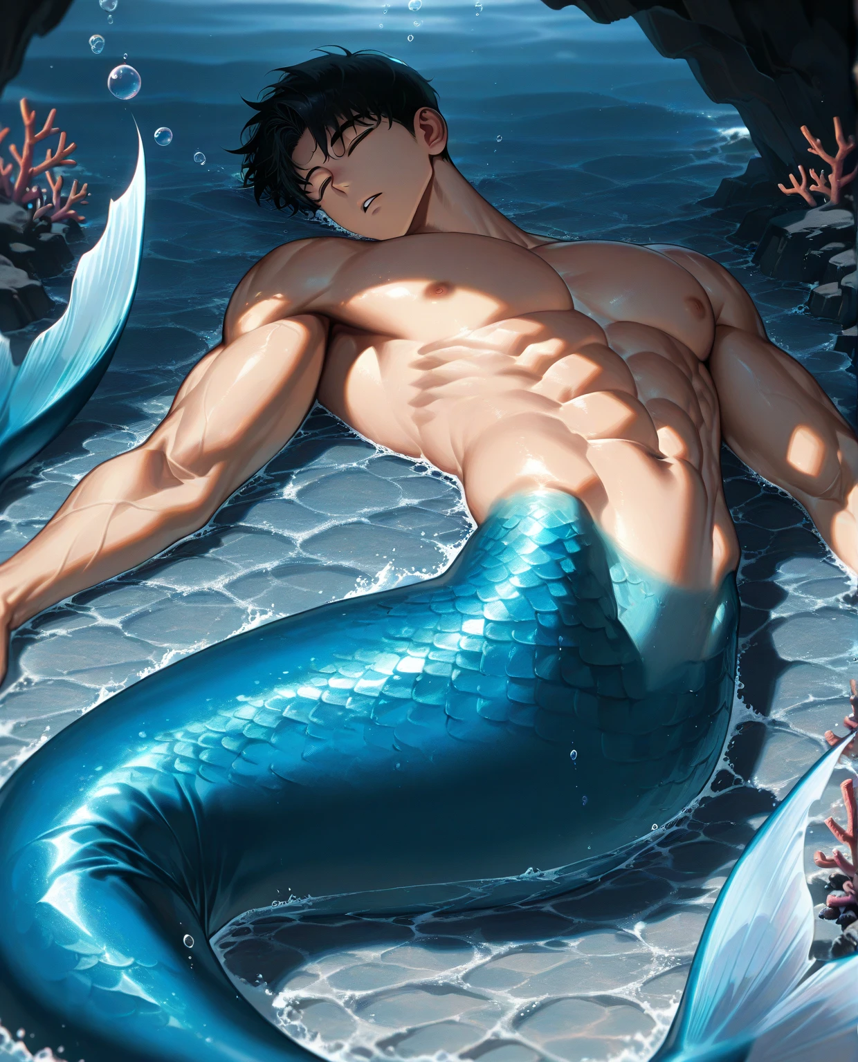 1boy, yaoi, handsome merman with green hair floating in the ocean, thong, muscular, (underwater), messy hair, ocean background, thighs, coral in background, <lora:add_detail:1>
