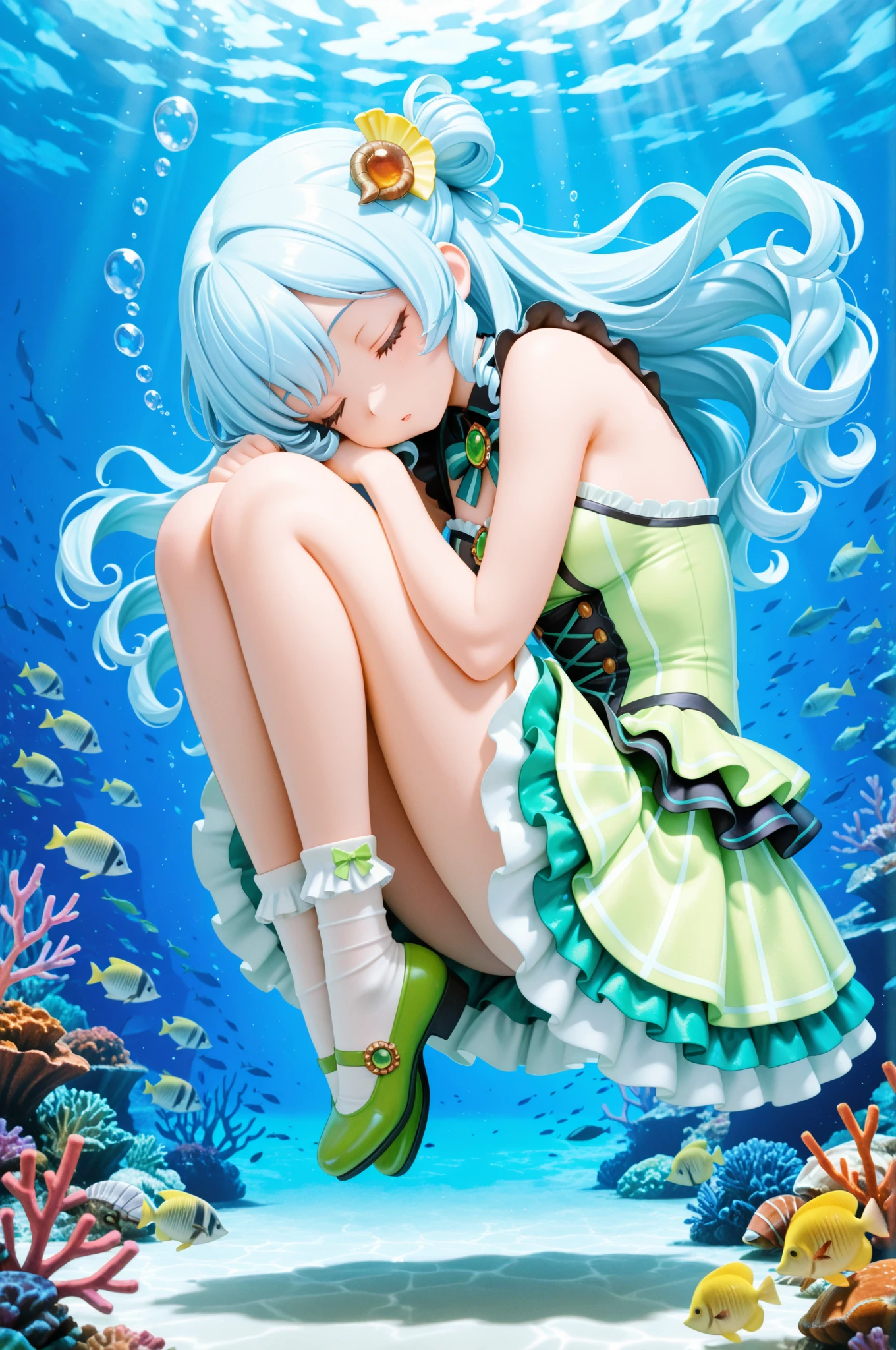 ((masterpiece, Best Quality)), High Definition, high quality texture, 8k wallpaper, ((view from below:1.2)), ((light leaks:1.2, Poured Light, soft light, The moon seen from underwater, Beautiful lighting)), dreamy atmosphere, perspective, , Fish swimming, (vibrant colors:1.5), Underwater Flower, Colorful seaweed, Professional photography, fantasy art, 