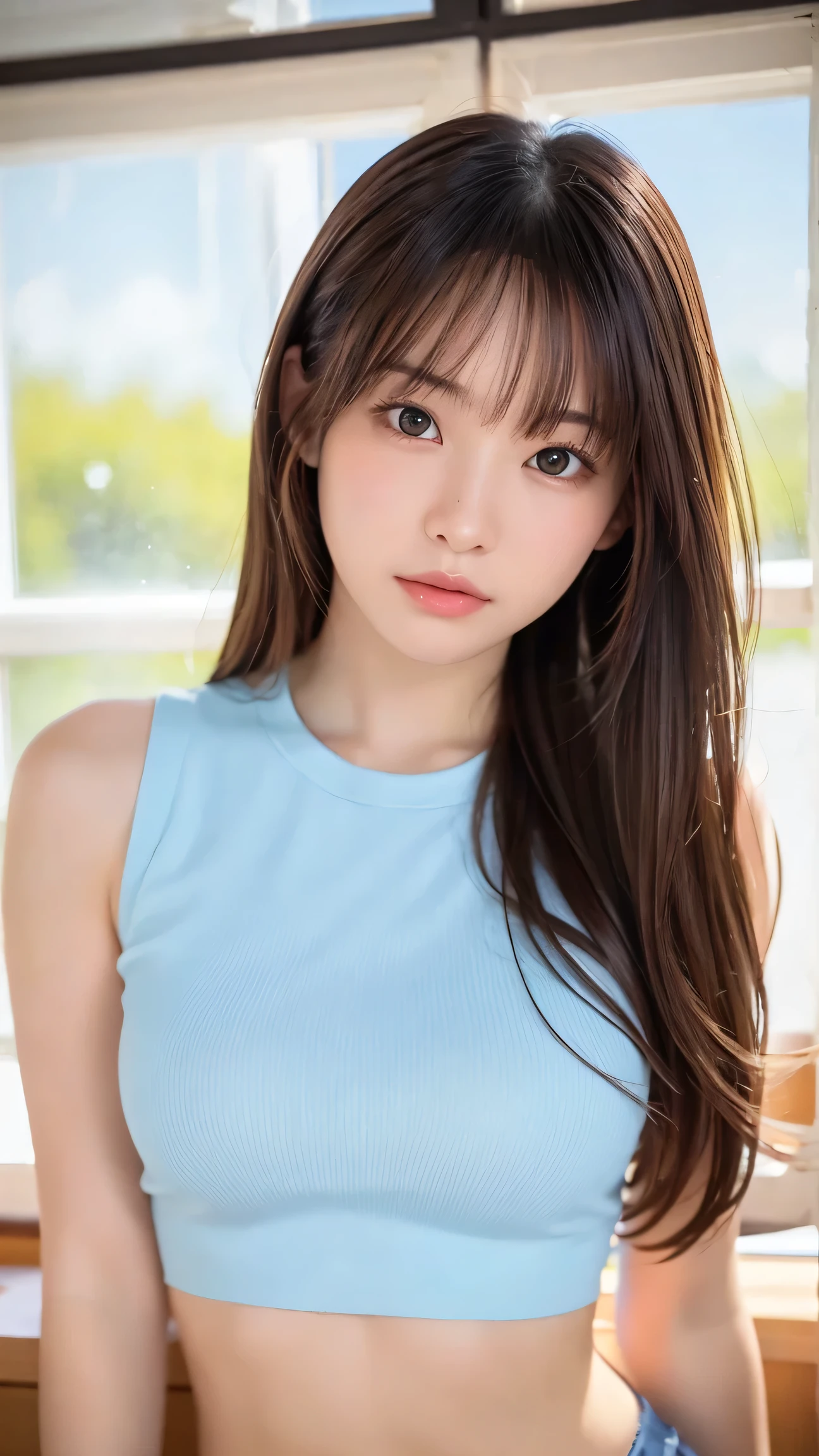 (masterpiece, top quality, 8k), 1 girl, 10th Generation, Full Body, Alone, cute, Girly, delicate girl, Original photo, Looking Up at Viewers, (big breasts, cleft:1.2), (Tight Crop Top)、Professional Lighting, backlight facing the front, Sleek Design, film grain, (Detailed Eyes and Faces :1.1), medium length floating hair placed on a desk, beautiful flowing hair, Side Bang