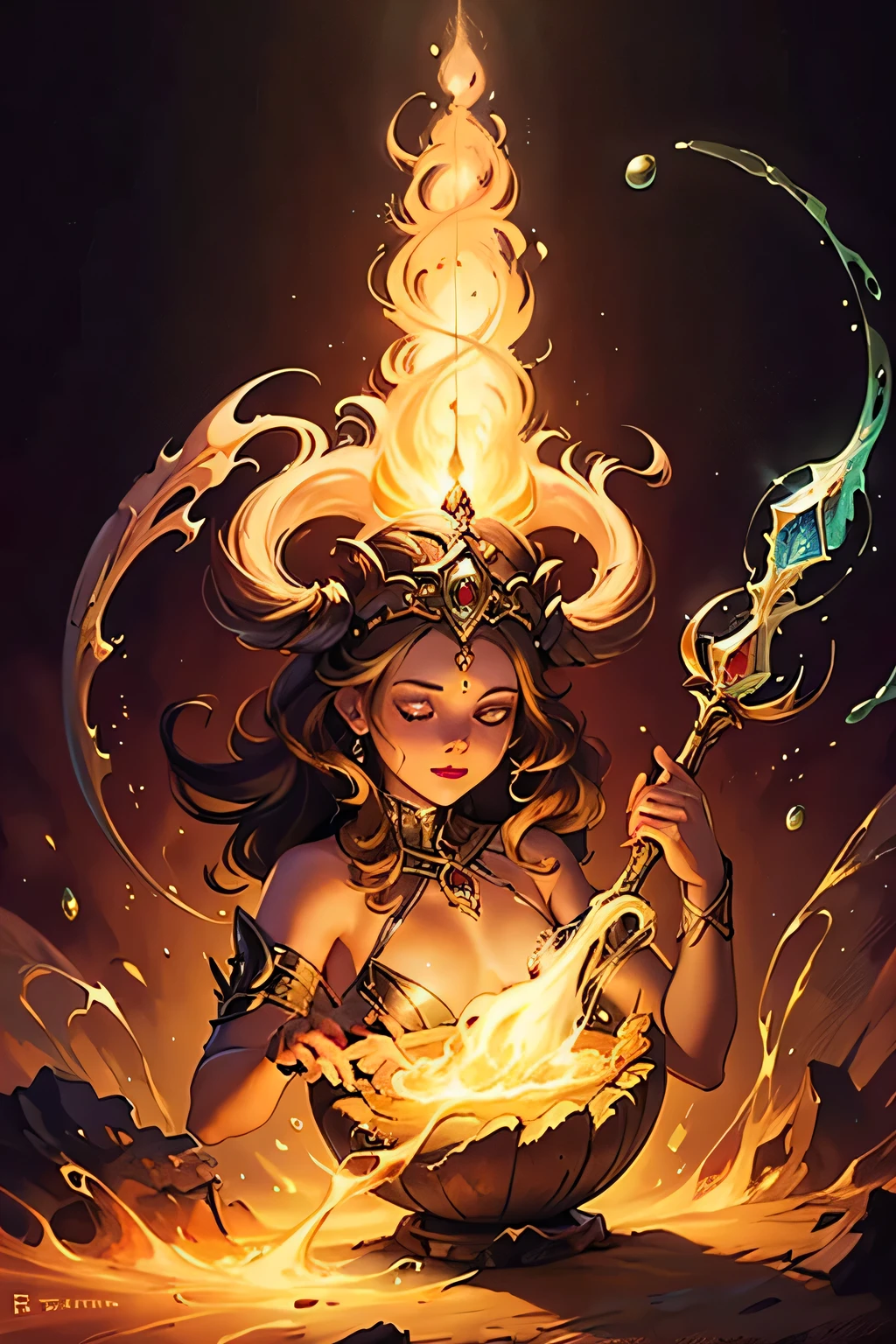 A naked woman with mixed bodies and flames，Full close-up, Stand in a disc on the water，Fire in the hands，A circle of fire is raging around the body，Mysterious red flame，The background is layers of icebergs，Towering icebergs，All Ice World，Endless icebergs，Dark blue light，Spooky atmosphere，Towering spires，Mysterious atmosphere，Art germ on ArtStation Pixiv, Goddess of Light, IG model | Art germ，