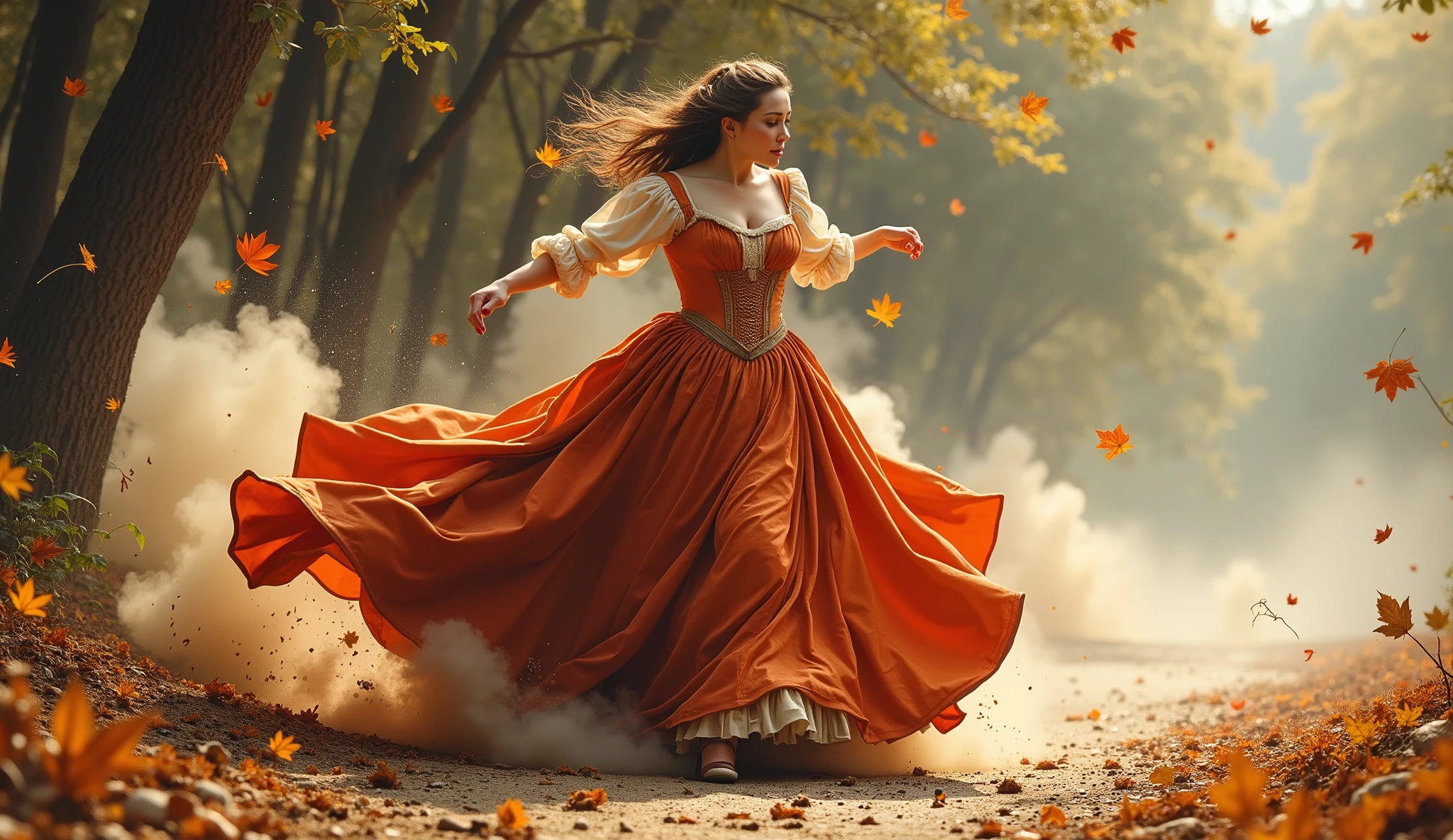 A sudden gust of wind is illustrated, swirling leaves and dust around Eleanor ( a beautiful woman dressed in 19th-century clothing, elegant, exuberant, with thick thighs, a wide butt, large breasts, and a narrow waist. ) as she completes the final turn., detailed background,,
