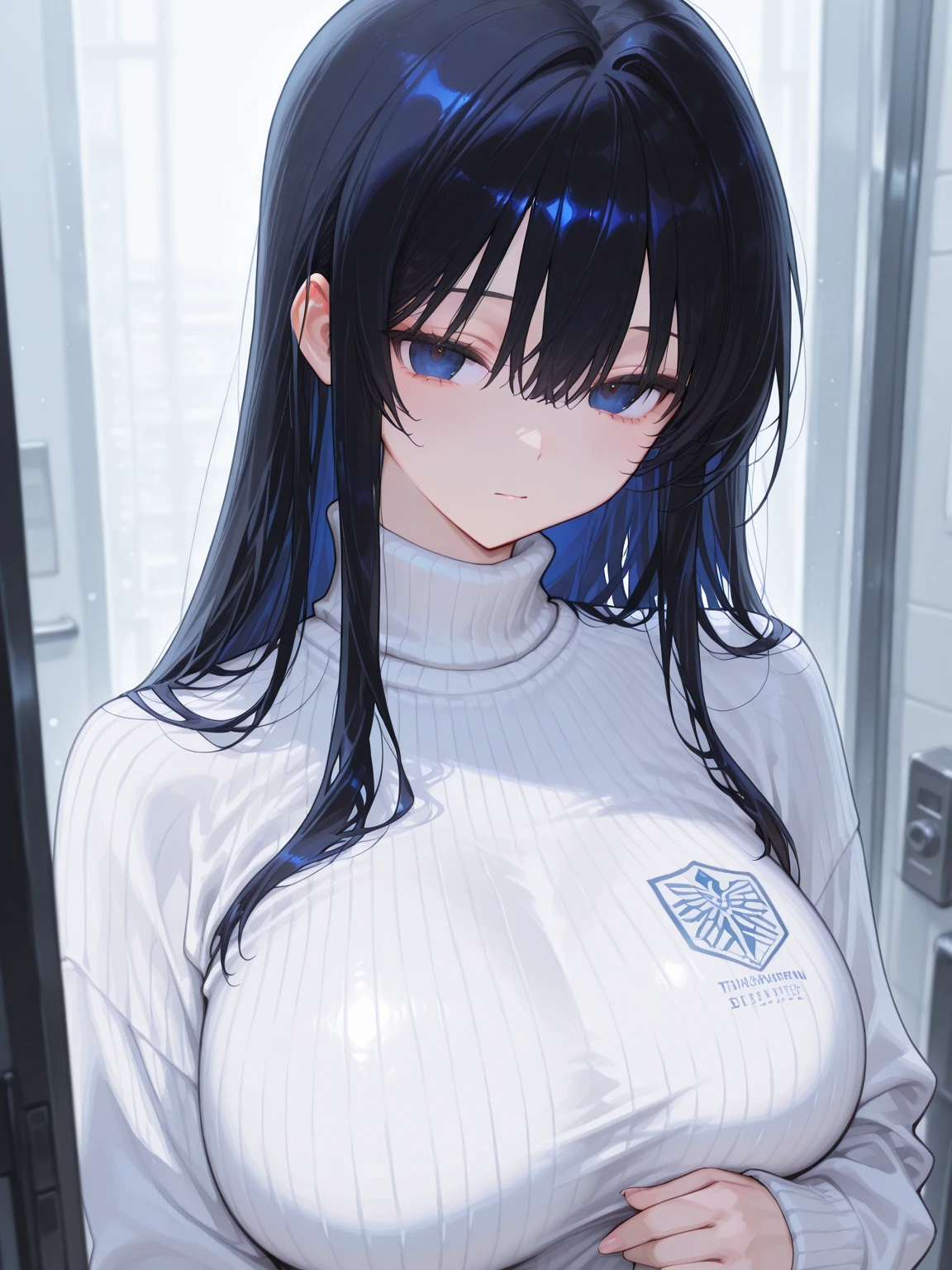 1girl,solo, saorijoumae, saori joumae, blue eyes, blue hair, halo, long hair, black jacket with high neck, black pants, cursed energy, japanese school