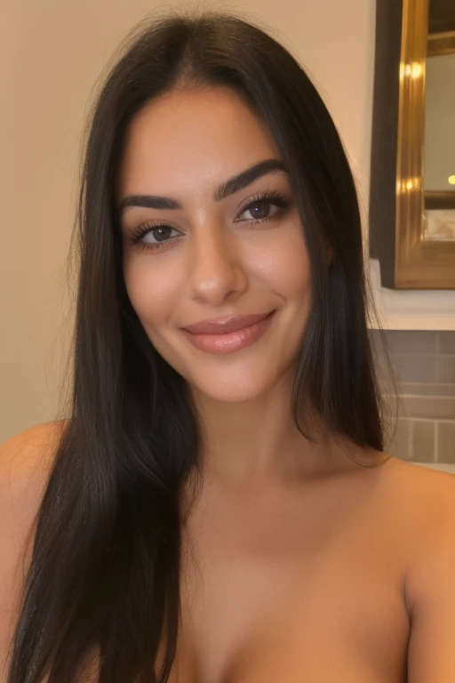 A 23-year-old brunette woman, ((pechos grandes)), ((hiperrealismo)) ,. hazelnut hair with light brown roots. cabello rubio, Hair with brown roots, cabello extra largo, cabello muy largo, really long hair, Beautiful, Front view, selfie, photo taken with iPhone, elegant black shirt with escote, escotada, selfie in hotel, high quality, selfie iPhone, cleavage