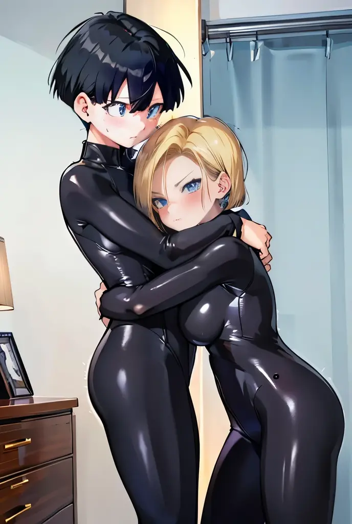 ANDROID18,blonde,short hair,blush,embarrassing,blue eyes,open your mouth wide,tickles,Sweat,shy,