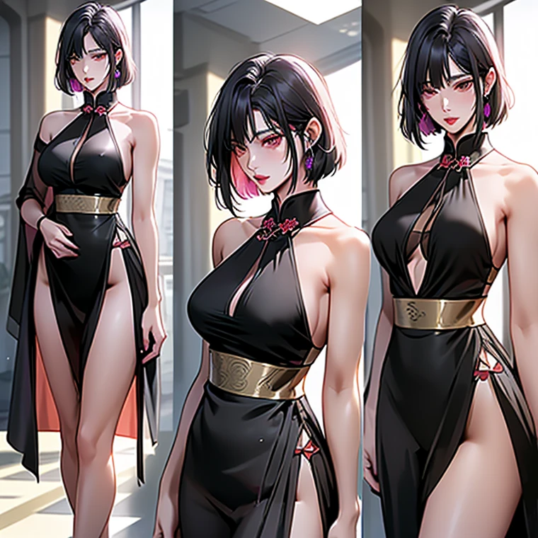 Komi Shouko, [white-skinned woman:1.2, deep v dress, snub-nosed, bright brown eyes], portrait, VSCO filter: C8), milf, old woman, black hair, (( black deep v dress, plunging neckline, breast curtains, Revealing clothes,  flushed, smile coqueta, brown eyes)) ,  (( flushed, smile, oiled skin)),  black hair, (( wide hips, thick thighs, big butt,)), Curvy body, (( medium sagging breast)), long legs, open legs, abs, muscle, (( muscle girl)), Iparuputsua, standing, (( de pie )), on the street at night, city lights in the distance, people around, Tokio, 