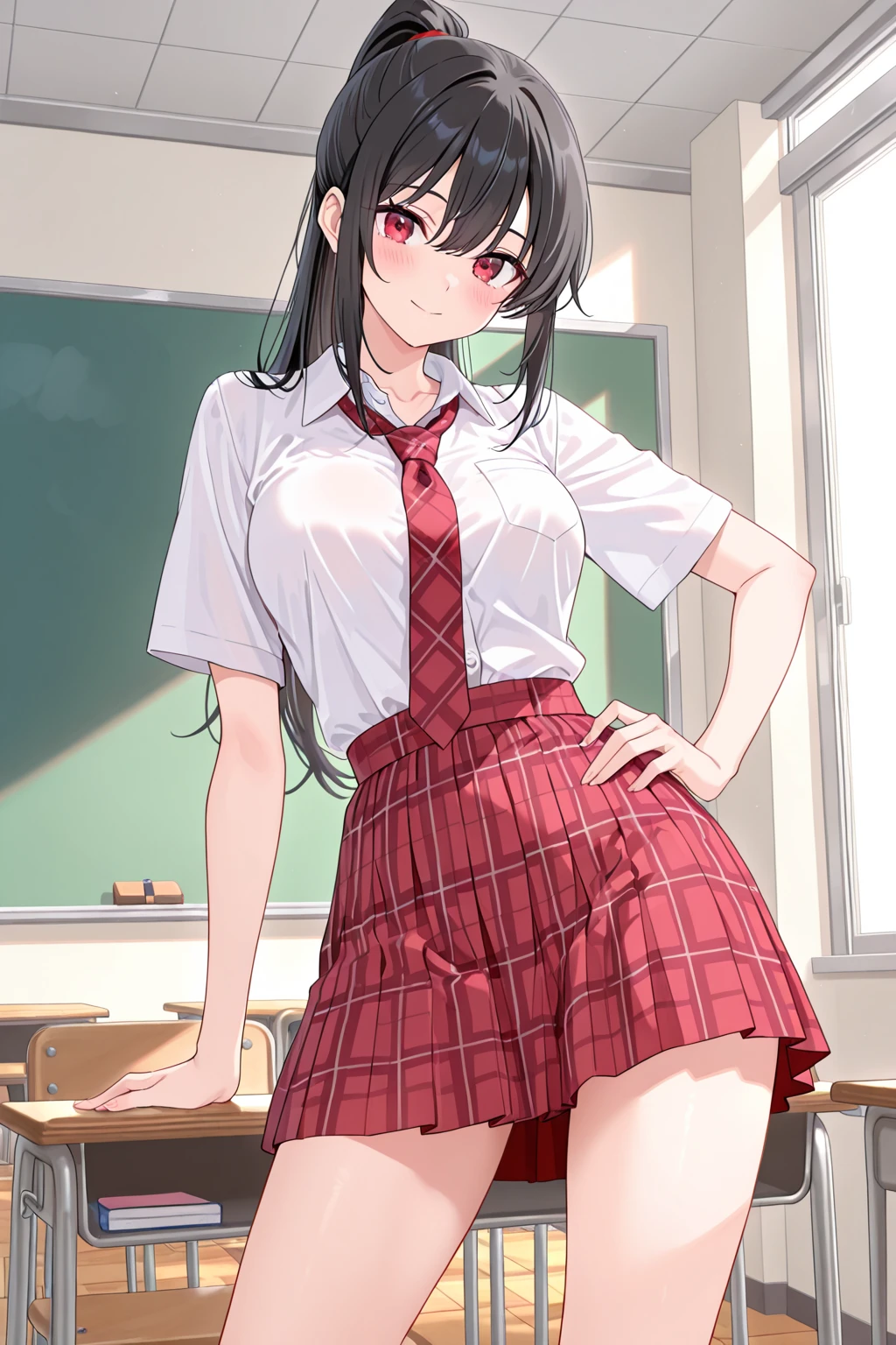 top-quality,masutepiece,fullnude，look down on, Upper body，Strands of hair,‎Classroom，tiny chest、Take off your uniform, Bow, Red bow, Long sleeves, Shirt, Collared shirt,  Skirt, Pleated skirt, Black skirt, tiny chest、looking at the viewers, BREAK (masutepiece:1.2), Best Quality, High resolution, Unity 8k壁纸, (Illustration:0.8), (Beautiful detailed eyes:1.6), extra detailed face, Perfect Lighting, extremely details CG, (Perfect hands, Perfect Anatomy),A smile、(Skirt lift:1.3), (Strawberry print panties:1.3)、(Skirt that rolls up:1.3)、(Fully exposed panties:1.5)