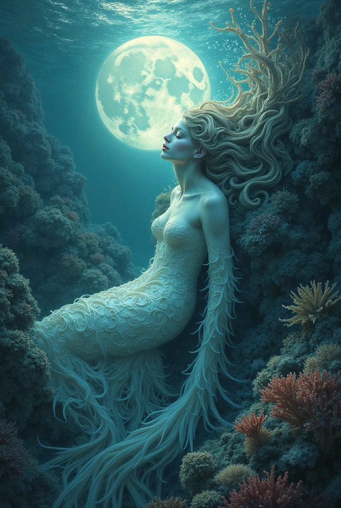 James Gurney, Surrealist art , dream-like, mysterious, Provocative, symbolic, Complex, detailed,, (Gothic but very beautiful:1.4), (masterpiece, Highest quality:1.4) , Nicola Samori Style, Beautiful naked mermaid、myself、Starry Sky