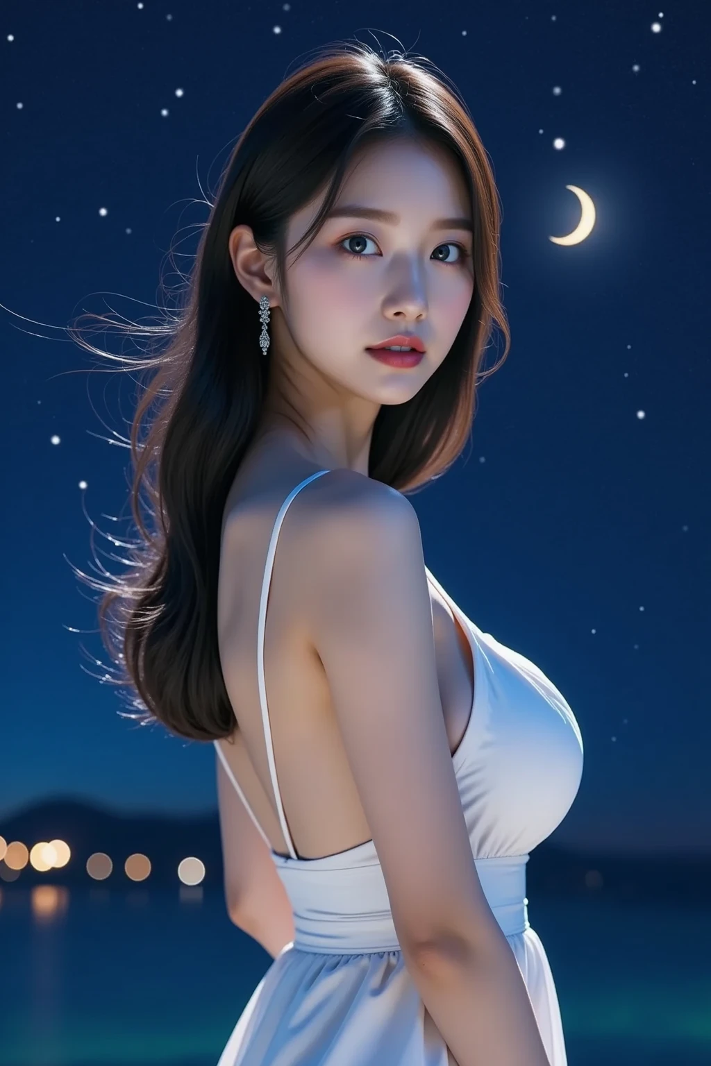 8K, Top Quality, Intricate Details, Ultra Detail, Ultra High Resolution, Masterpiece, close up shot, ((from behind)), Slender, Smile, (Makeup: 0.4), (Fluffy Blue Eyes: 1.21), blue Eyes, looking at background, ((full body)), 1girl, solo, 1 girl, (( full body)), close up shot, standing , ((tall)), (((fit body))), (((slim face))), sharp face, sharp eyes, (((Fancy hair color,)) (detailed face), sharp face, small lips,
((())), ((?????)), detailed face, detailed breast, , large breast, detail ass, round ass , Beautiful girl with accentuated slender abs: 1.4, Six Pack Abs: 1.4, Bust Botox, Big, Perfect Body, detail leg, (( moonlight)),