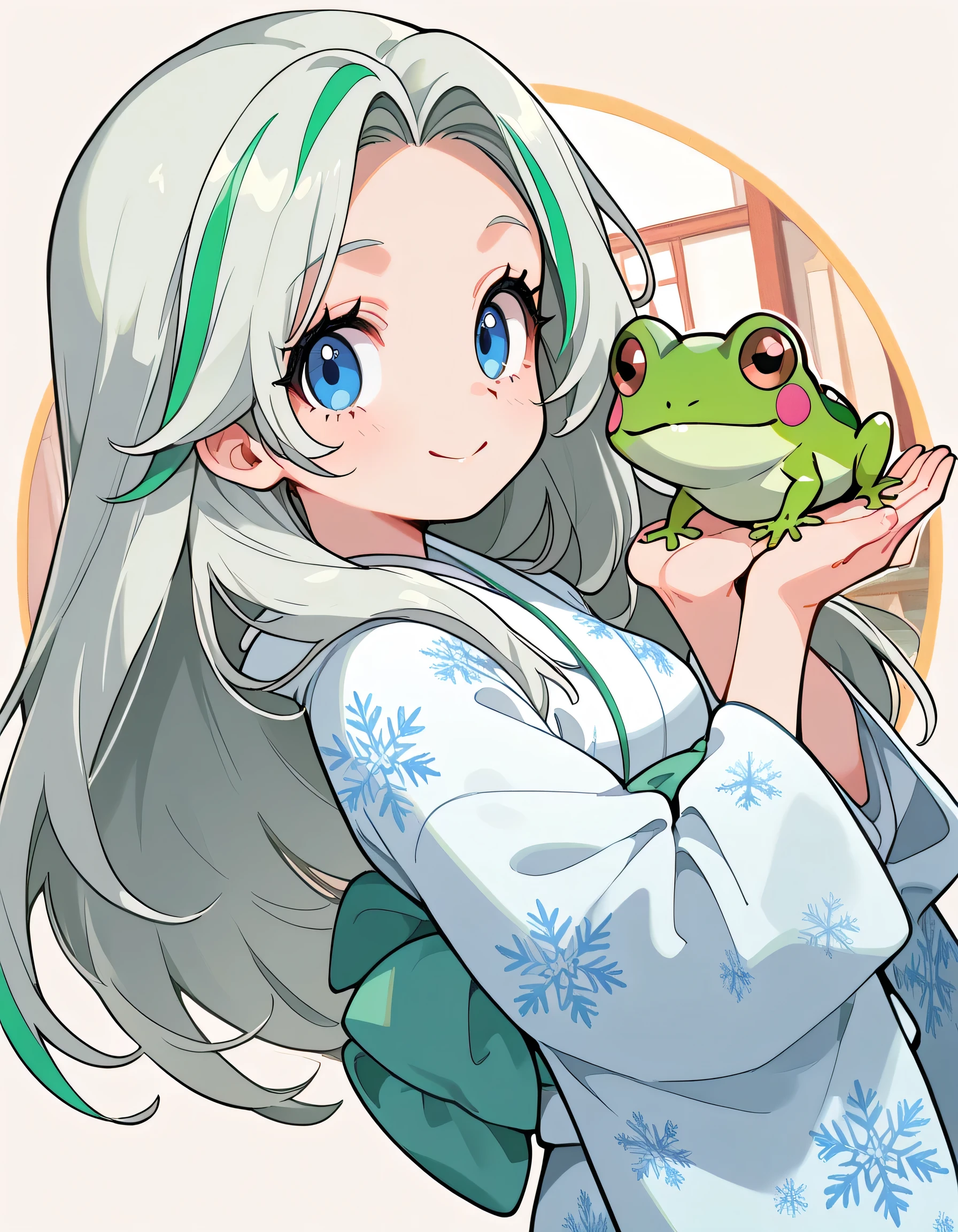 sideview,(((with cute green frog))),(dynamic angle,dynamic model pose),(looking at viewer),solo,upperbody,(pokemonmelony), blue eyes, eyelashes, tareme,long hair, multicolored hair, streaked hair, grey hair,japanese pastel blue Snowflake print kimono,memorial shot,japanese traditional town scene,smile,