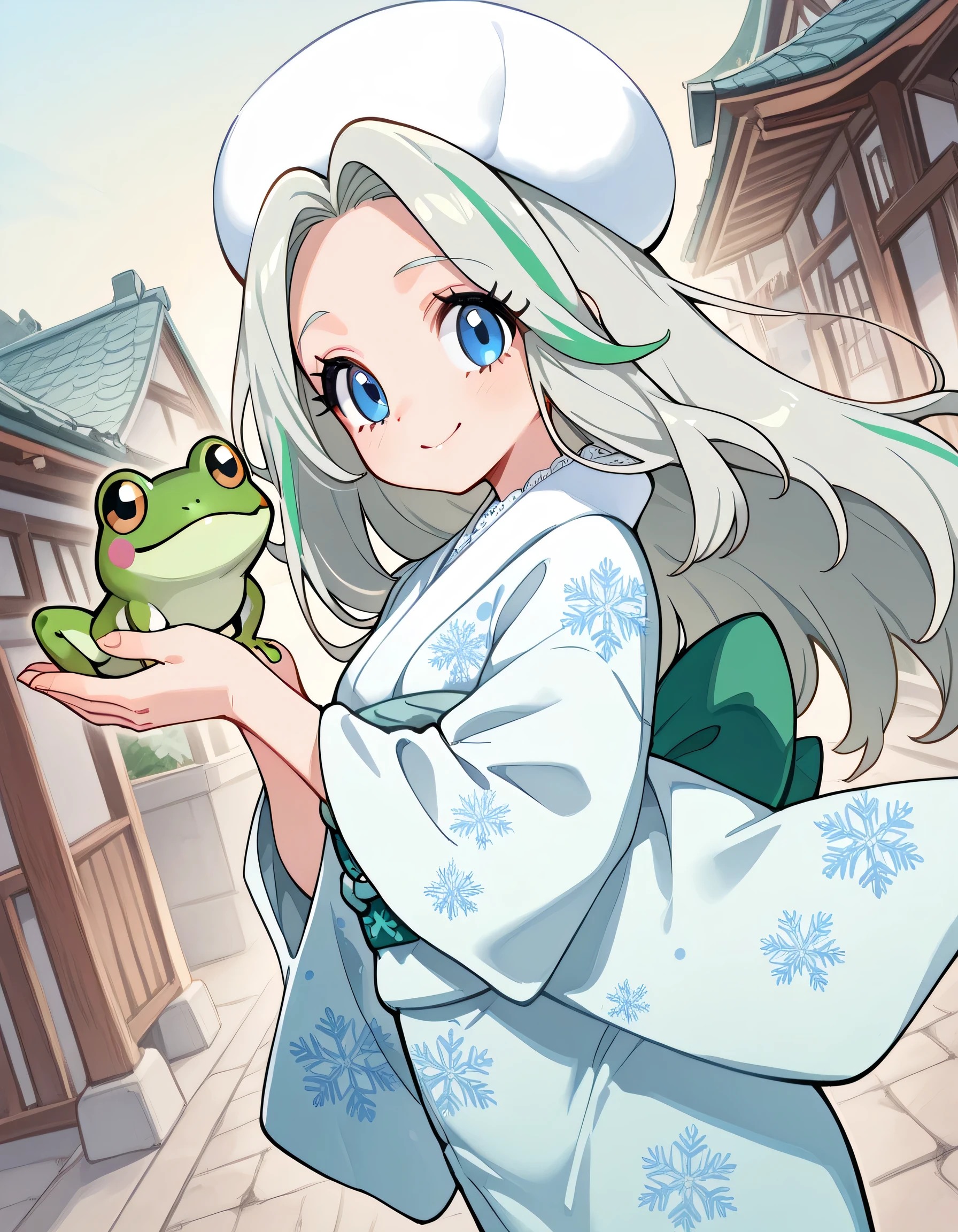 sideview,(((with cute green frog))),(dynamic angle,dynamic model pose),(looking at viewer),solo,upperbody,(pokemonmelony), blue eyes, eyelashes, tareme,long hair, multicolored hair, streaked hair, grey hair,japanese pastel blue Snowflake print kimono,memorial shot,japanese traditional town scene,smile,