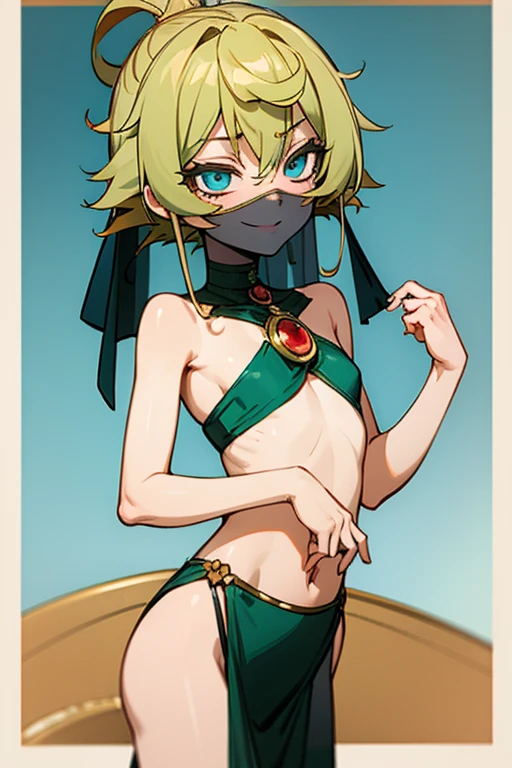 young boy, longue blonde hair, elf ears, turquoise eyes, Yellow in the upper right corner, short, Transparent, open belly, fishnet tights, Masterpiece, hiquality