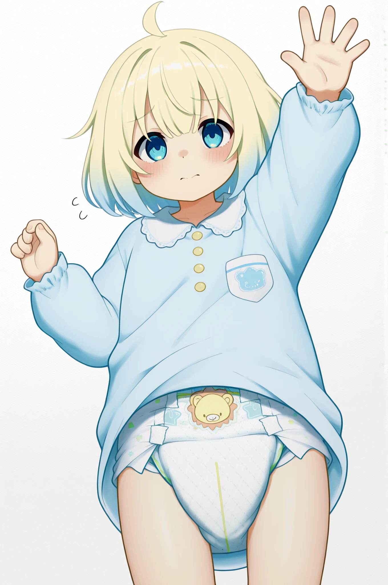 blue eyes,long eyelashes,frilly baby blue pinafore dress,standing,collared blouse,big puffy short white sleeves,hair ribbons,,big puffy diaper,frilly ankle socks,mary jane shoes,curly pigtails,blonde hair,solo,masterpiece,fullbody,(big puffy diaper),diaper cover,skirt,pacifier

