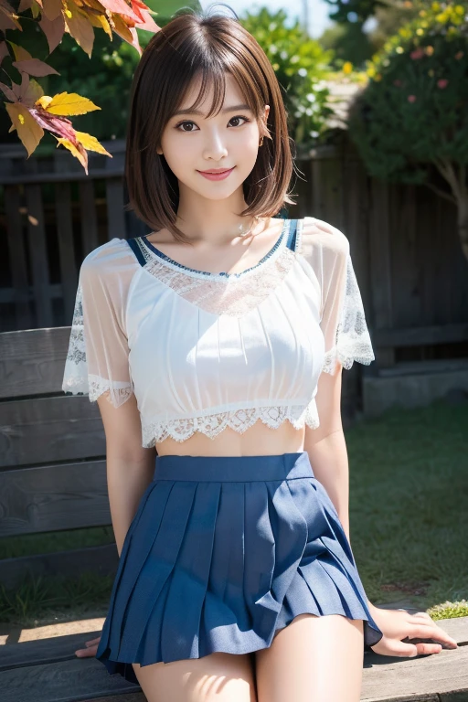 (8K, Highest quality, masterpiece: 1.2), Super detailed, Highest quality, Ultra-high resolution, Professional Lighting, Photon Mapping, Radio City, Physically Based Rendering, Cinema Lighting, Depth of written boundary, focus on, Light of the sun, Good composition, (Bokeh: 1.2), 1 Girl, (whole body), smile, Beautiful Eyes, Pause, narrow, Brown Hair, short hair, Prairie Blouse Light Blue, skirt,garden,hand {refer tos} cute {refer to} hand,