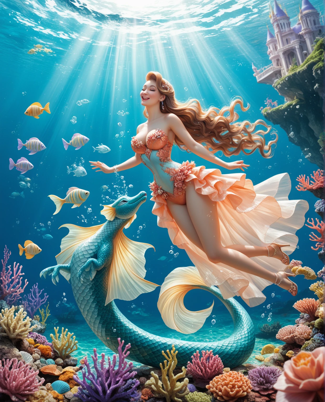 (highest quality、table top、8K、best image quality、hyper realism)、(Mermaid goddess wearing the most extravagant and extravagant finest goddess dress:1.2)、(Mermaid wearing the most extravagant and luxurious finest goddess dress:1.2)、(The most luxurious and finest transparent sleeve:1.1)、(A mermaid goddess swimming in the beautiful and luxurious deep sea rocks....:1.2)、(Extremely complex and detailed ocean depictions:1.1)、(There are many beautiful small tropical fish and corals in the sea........:1.1)、(The most luxurious and fantastic Japanese castle under the sea that shines red:1.3)、(A top-class Japanese castle under the sea with a mysterious red glow:1.3)、(Detailed depiction of the beautiful ocean:1.1)、(Unimaginably beautiful and mysterious underwater depictions:1.1)、(Beautiful authentic glowing pink and red gradient scale:1.3)、(Mermaid goddess swimming in a beautiful rocky area in the deep sea Upper body photo:1.1)、(accurate beautiful mermaid tail:1.1)、Beautiful sea that shines intricately、Clear and detailed background,、(accurate anatomy:1.1)、(The most luxurious and finest jewelry decoration:1.1)、golden decoration、the most gorgeous goddess sleeves、the most luxurious decoration、large amount of intricate gemstones、beautiful brown hair、Highly detailed glowing pink and red gradient scale、(最も贅沢でhighest qualityの巨大ティアラ:1.1)、(;that&#39;It&#39;s very vivid, Fantastic and mysterious:1.2)、(最も贅沢でhighest qualityのジャイアントネックレス)、Beautiful sparkling pink and red mermaid gradation tail、perfect makeup、(the best smile when you look at me:1.2)、(A very magical, glittering and vivid deep sea:1.2)