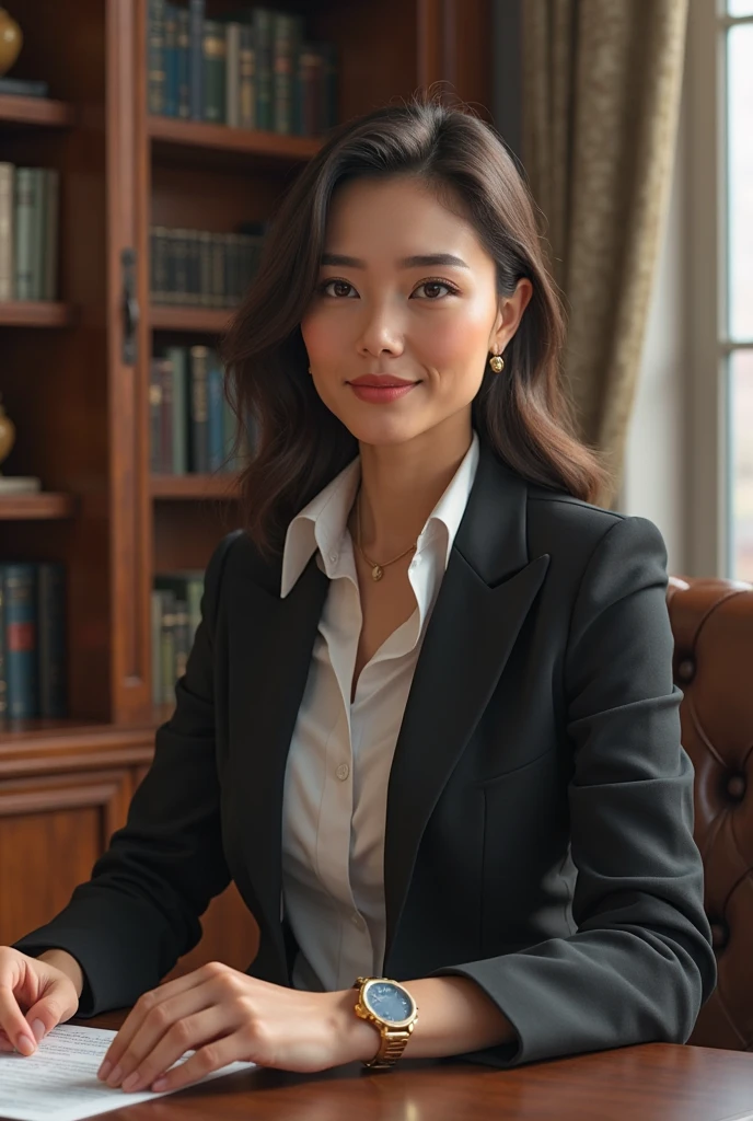 1girl, (short brown hair:1.2), wearing an open white shirt sitting in a large detailed leather office chair, cluttered office room with city scene in window background, freckles on chest, cleavage, pleated gray plaid skirt, lace pantyhose, heels, extremely detailed skin pores, (detailed skin:1.2), many layers, from below, smile, (looking at viewer:1.4), (eyes half shut) analog style, (realistic:1.5), shot with a DLSR, sharp focus, dramatic shadows, volumetric lighting, HDR, UHD, candid, modelshoot, eye symmetry, , masterpiece, best quality,, masterpiece, best quality,