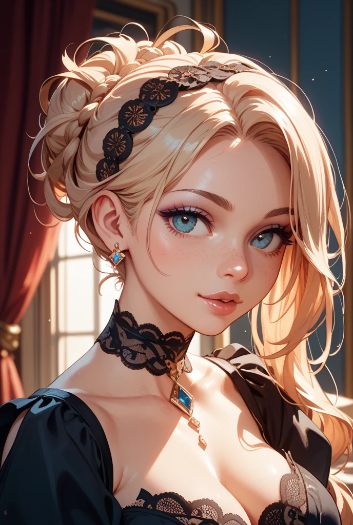 (((solo))), twilight, ((brooding black)), gloomy, intimate portrait of a beautiful princess, perfect glowing ivory skin, medusa girl, (perfect face), (green eyes), big eyelashes, cleavage, blonde, long shiny hair, big hair, loose bangs, long bangs, shiny skin, frills, (Albert Lynch), JC Leyendecker, Ruan Jia , Gaston Bussiere, Alexandre Cabanel, WLOP, ((((ultra detailed, ultra detailed eyes , ultra realistic face, best quality, +++++))))