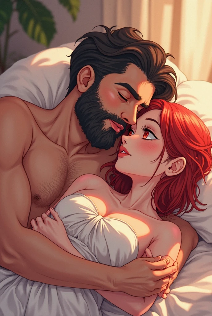 Jessica Rabbit is naked in bed, she is only wearing transparent panties, kissing to a fat old bald man undresses in front of her, bedroom, night